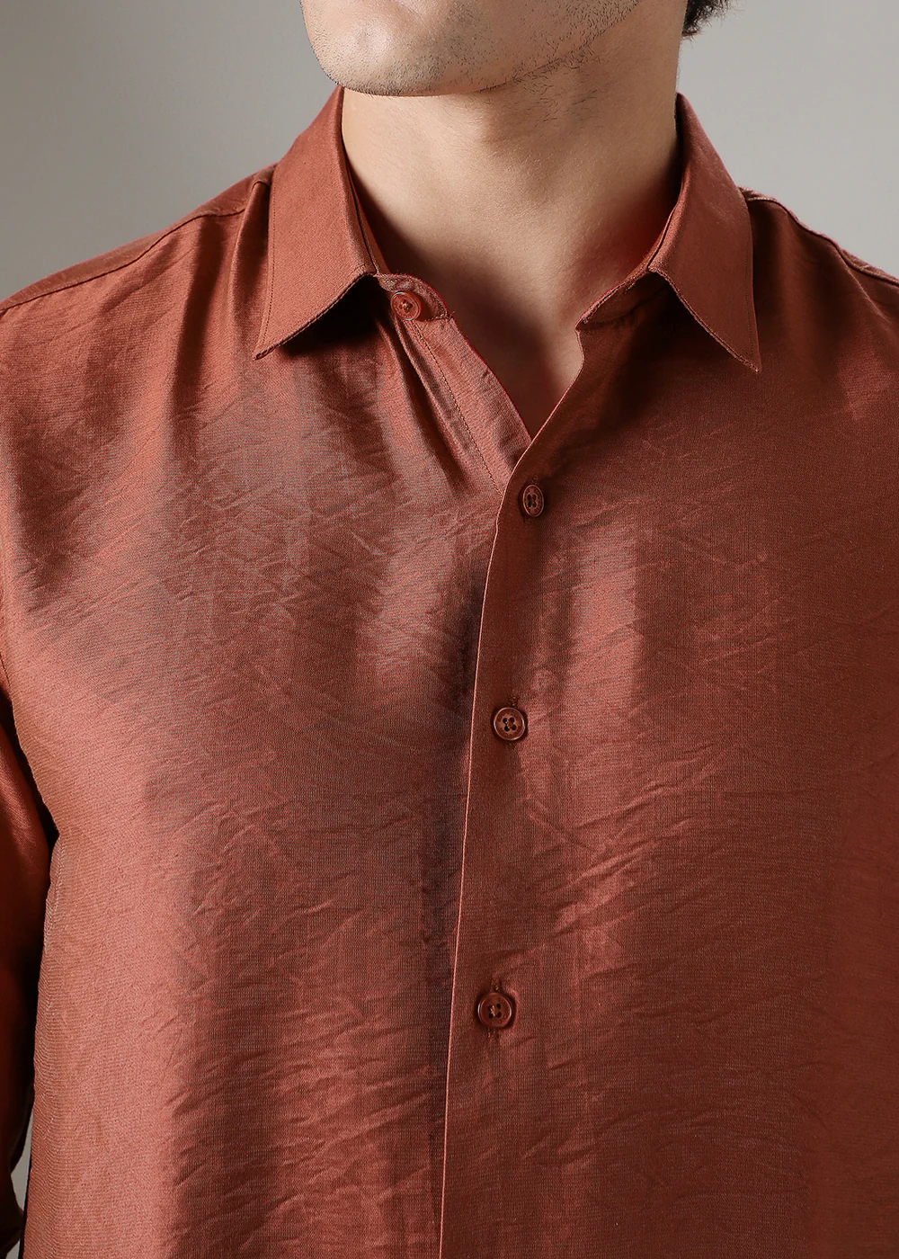 Metallic Orange Plain Crushed Satin Shirt - Image 2