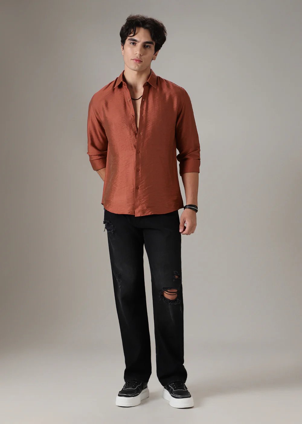 Metallic Orange Plain Crushed Satin Shirt - Image 5