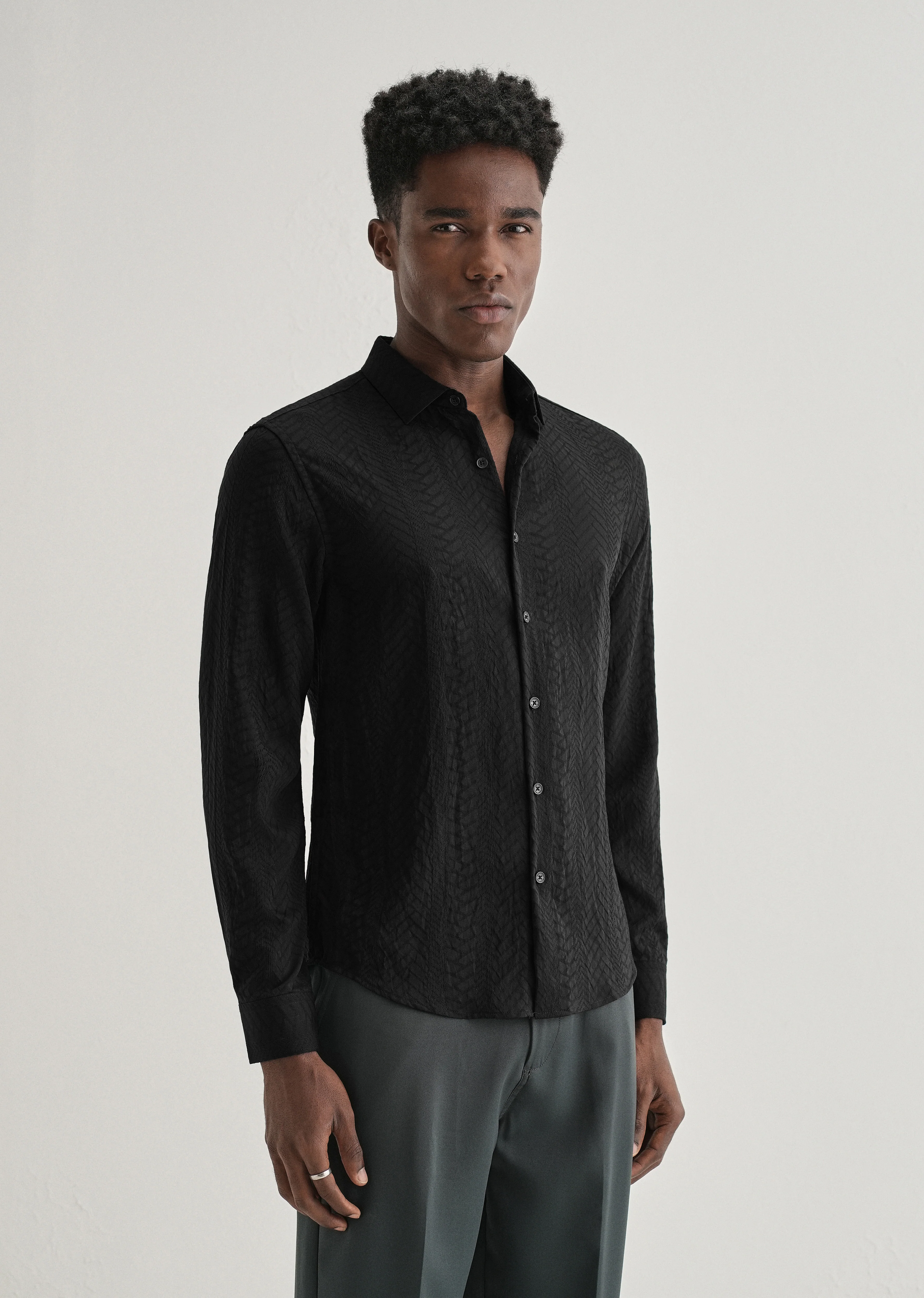 Midnight Black Self Patterned Shirt - Image 5
