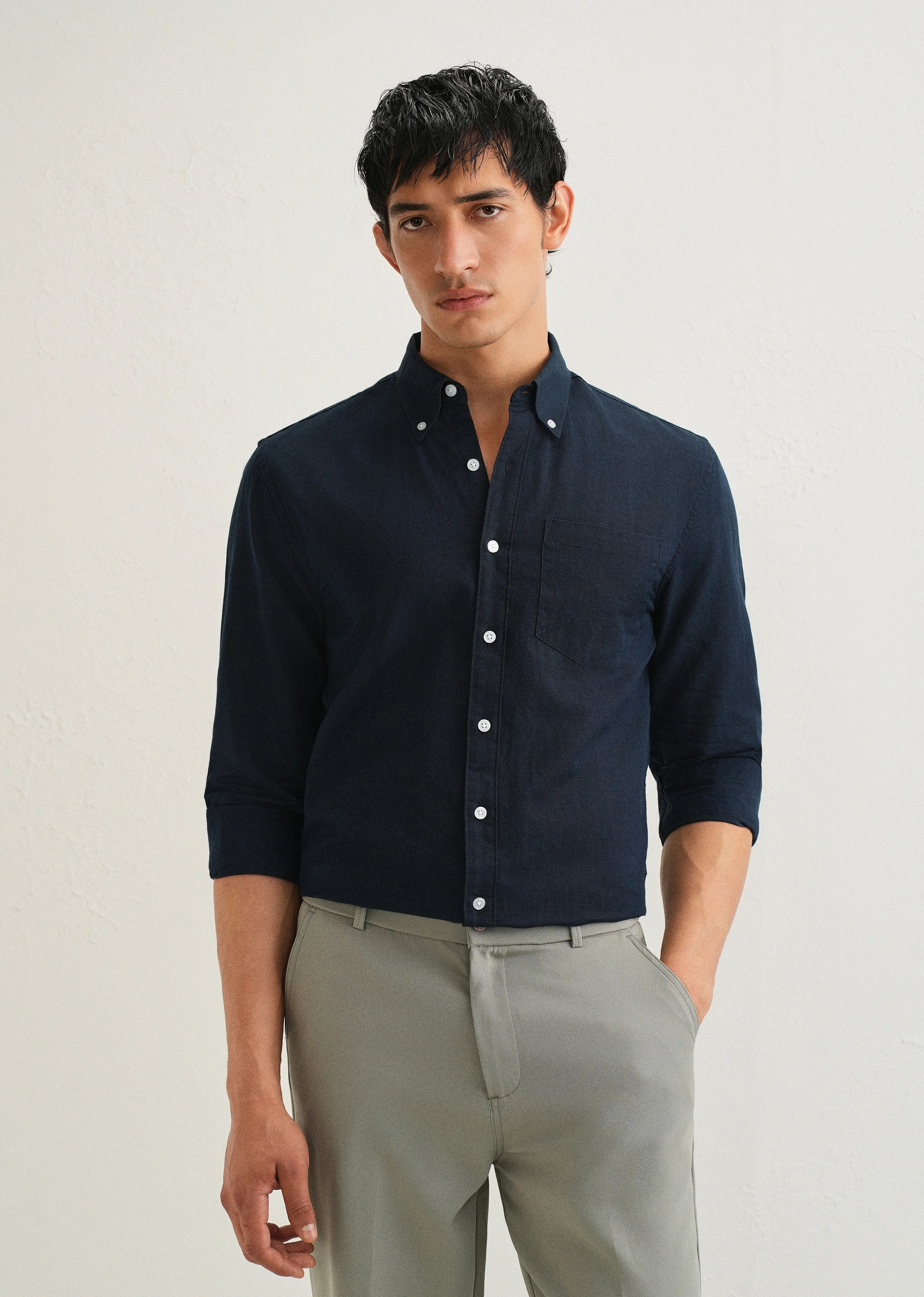 Midnight Navy Blue Cotton Linen Shirt - Image 2