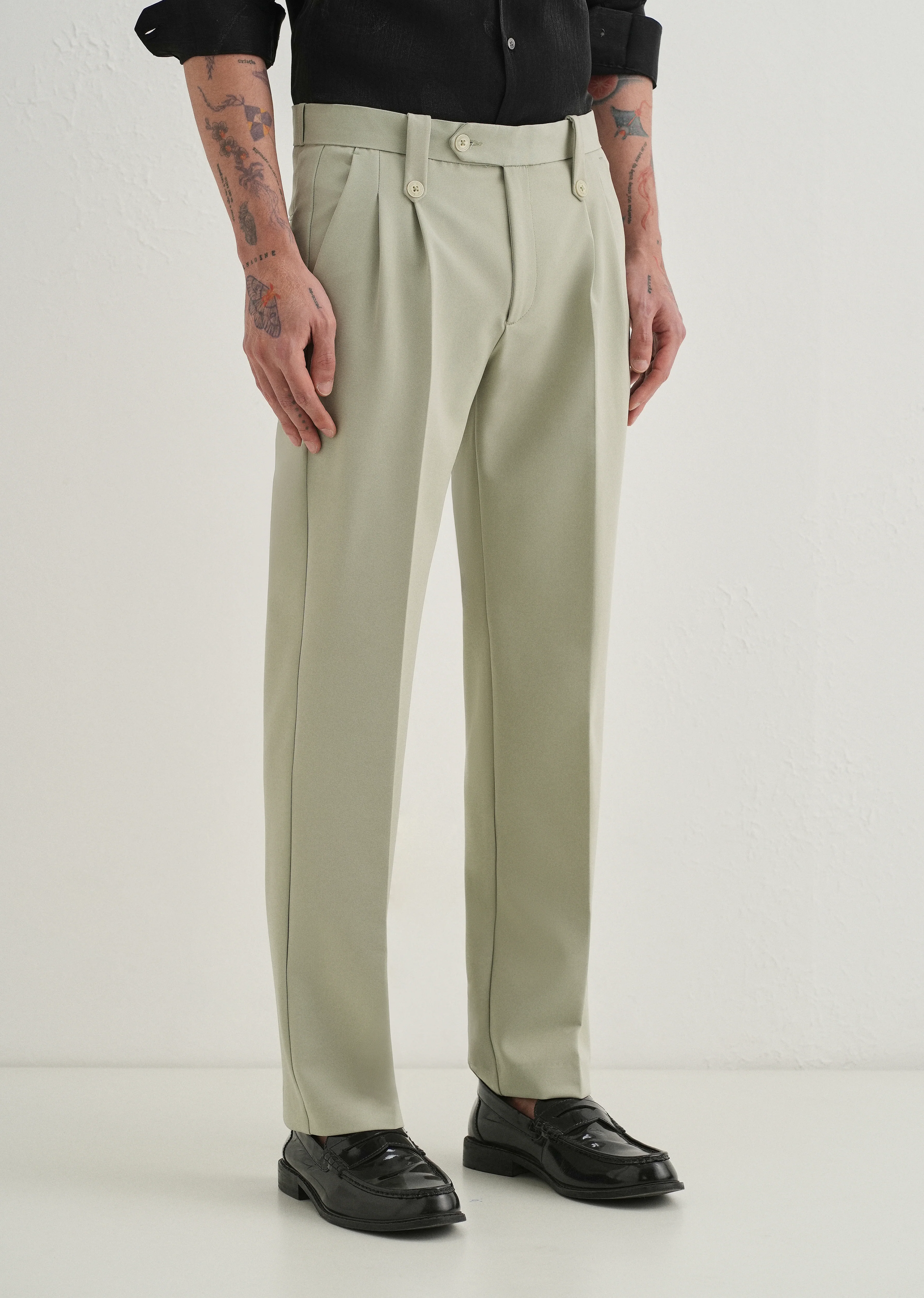 Mint Green Button-Tab Pleat Trouser - Image 4