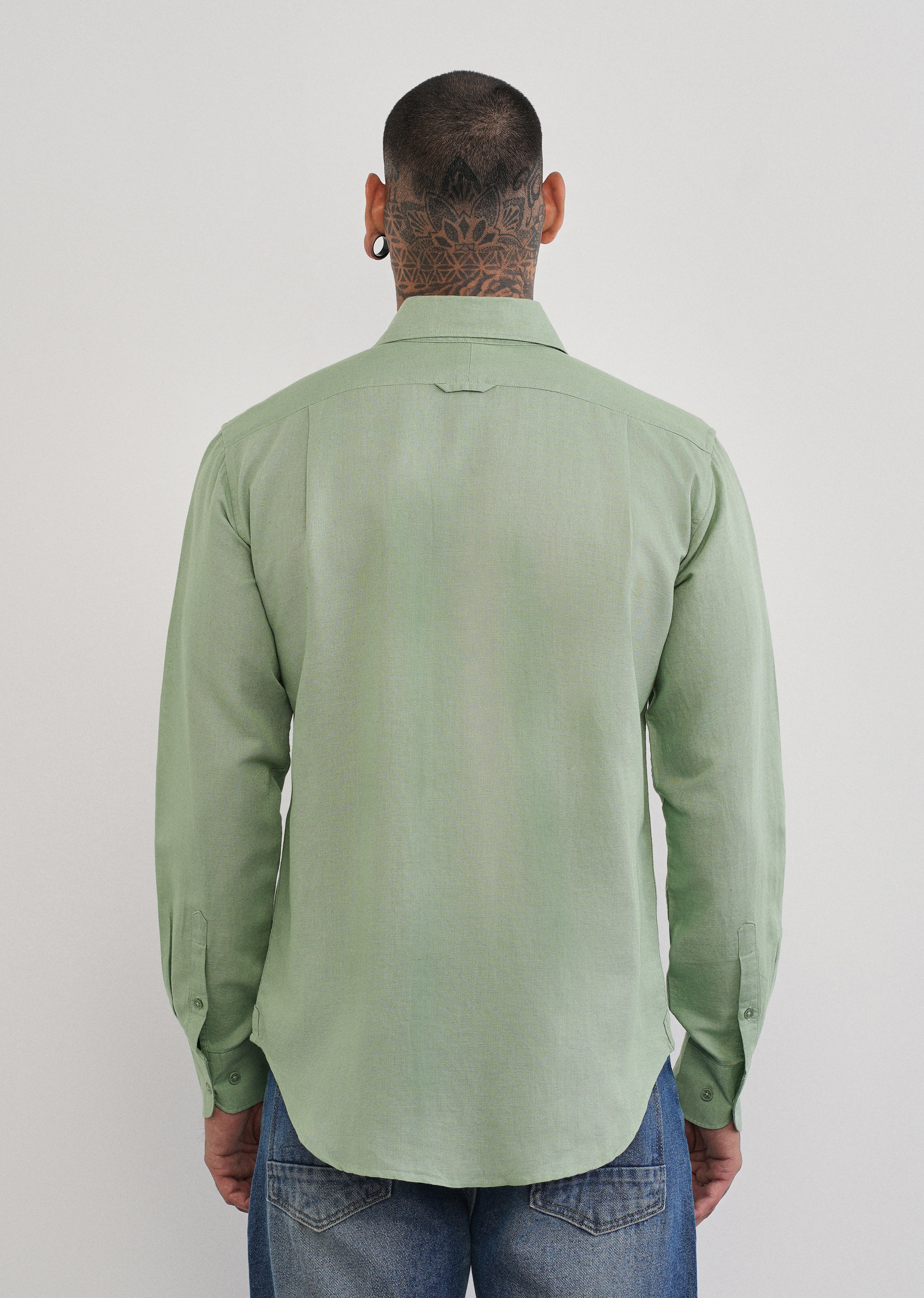 Mint Green Plain Cotton Linen Shirt - Image 2