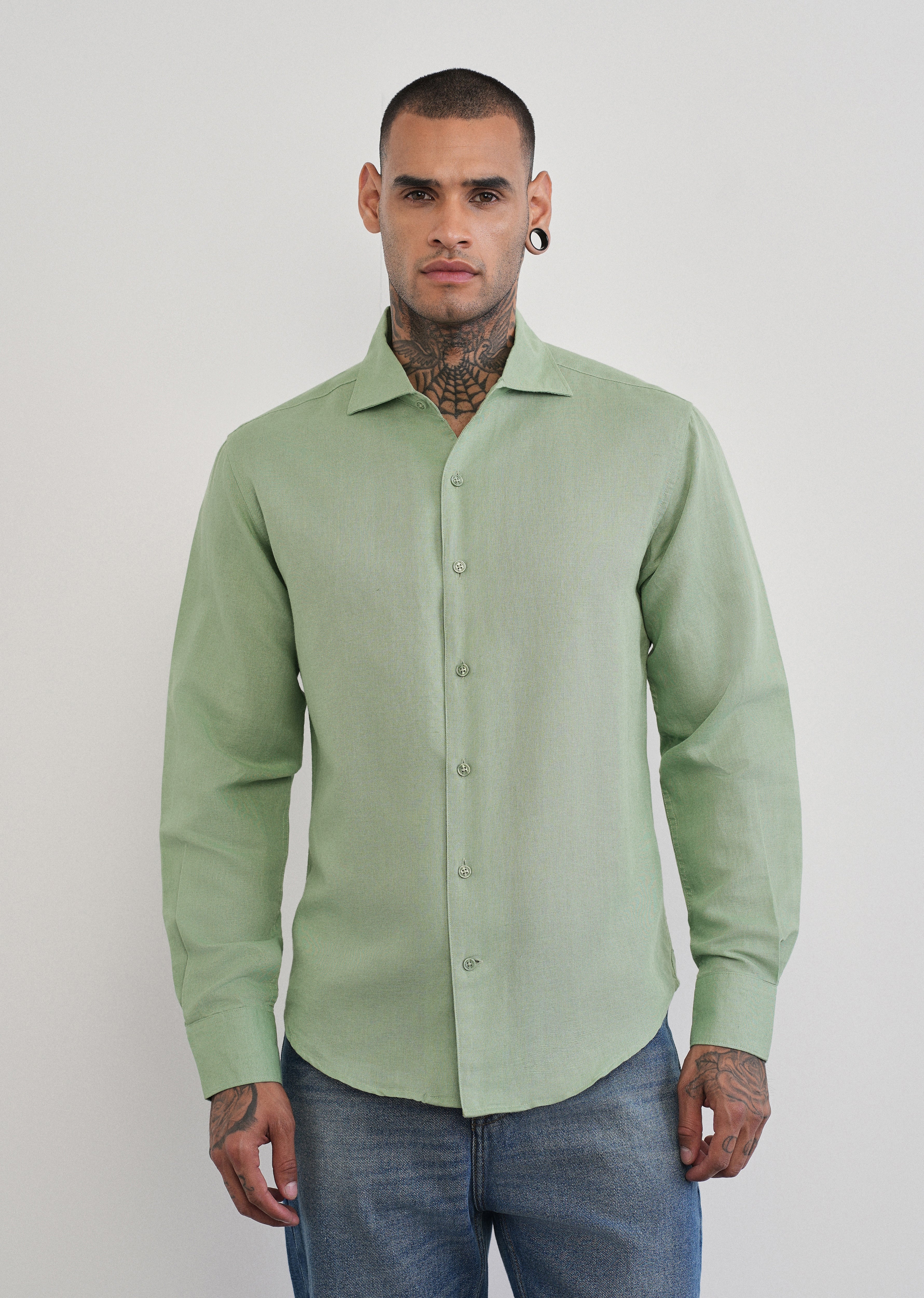 Mint Green Plain Cotton Linen Shirt - Image 3