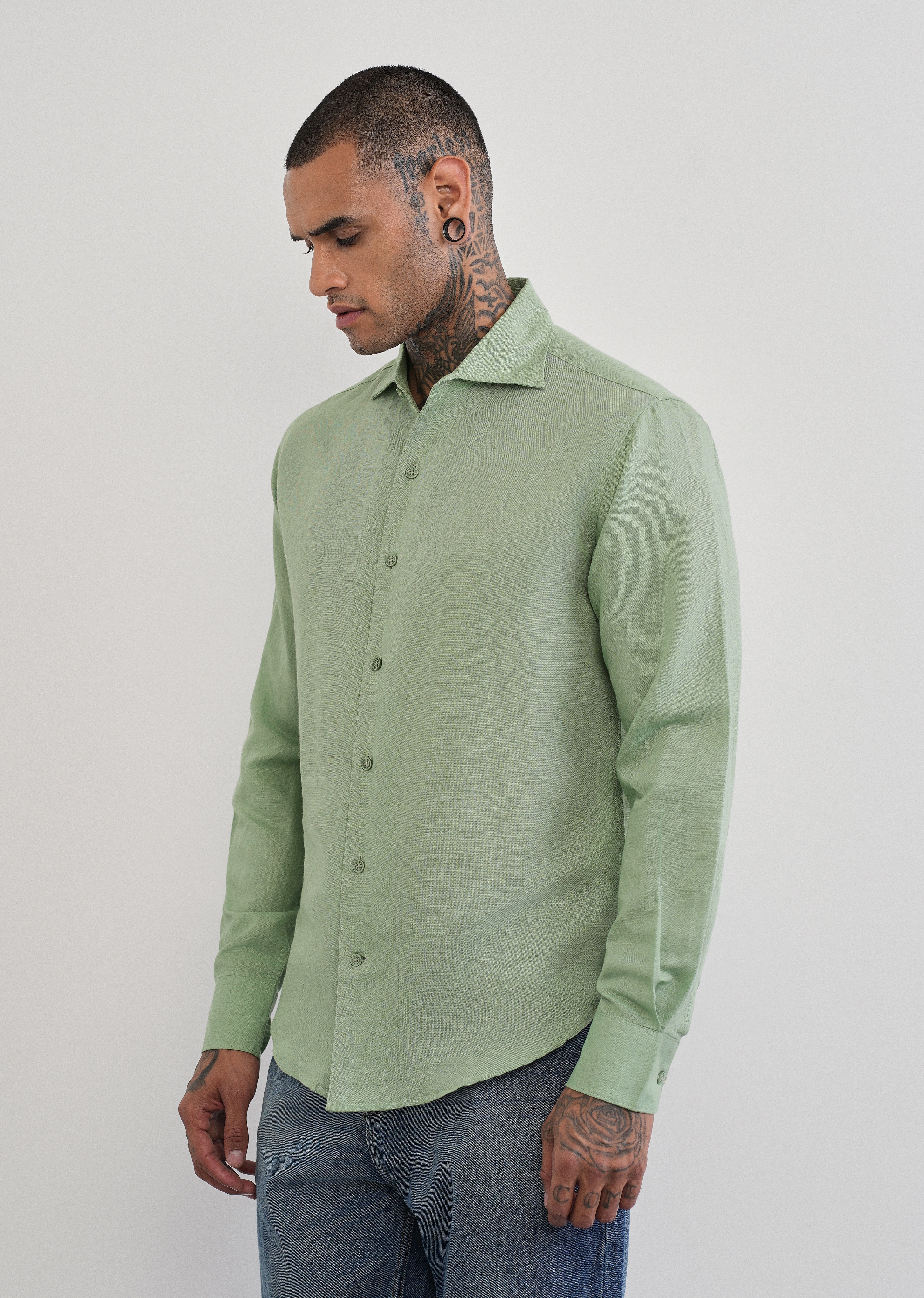 Mint Green Plain Cotton Linen Shirt - Image 4