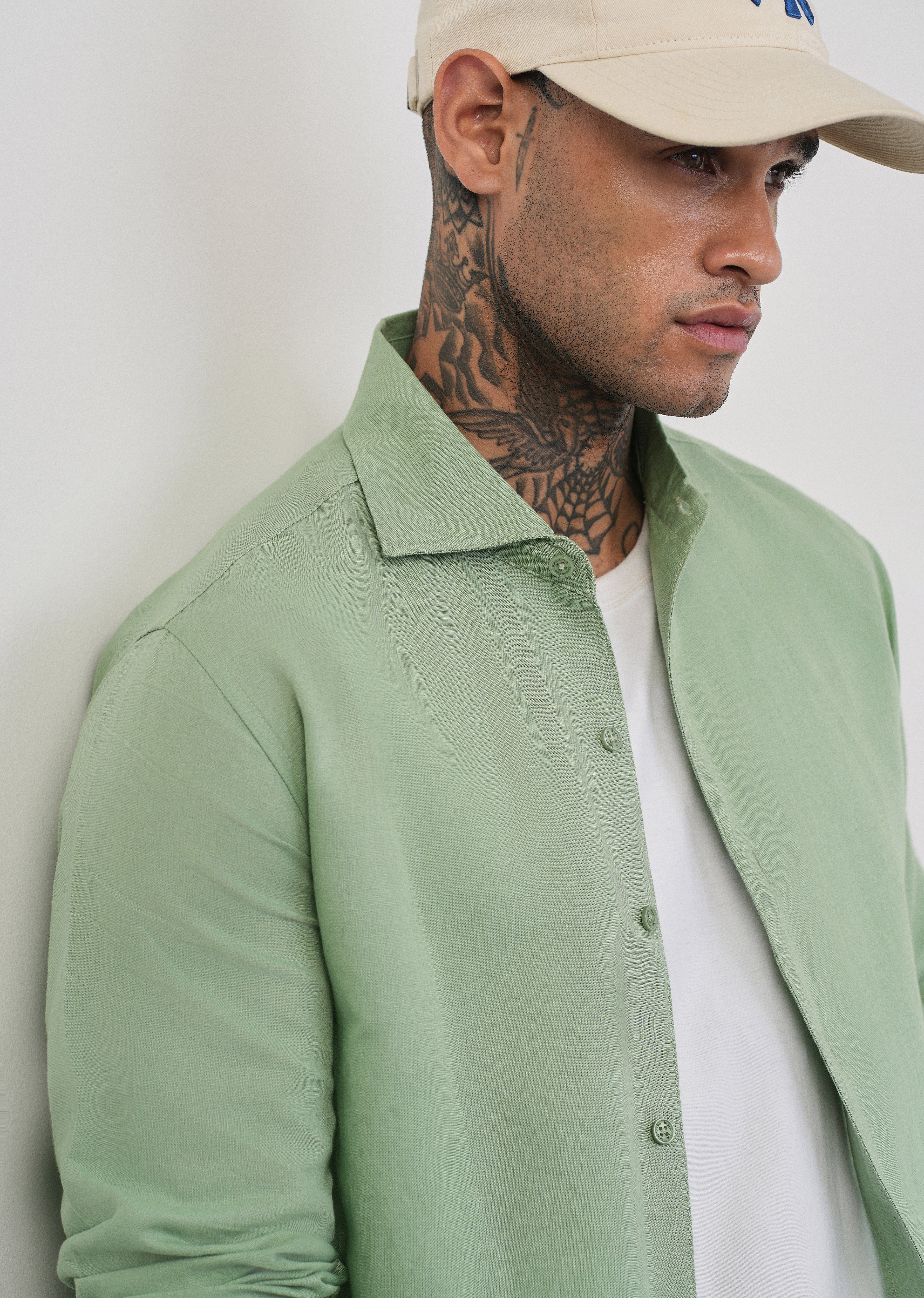 Mint Green Plain Cotton Linen Shirt - Image 5