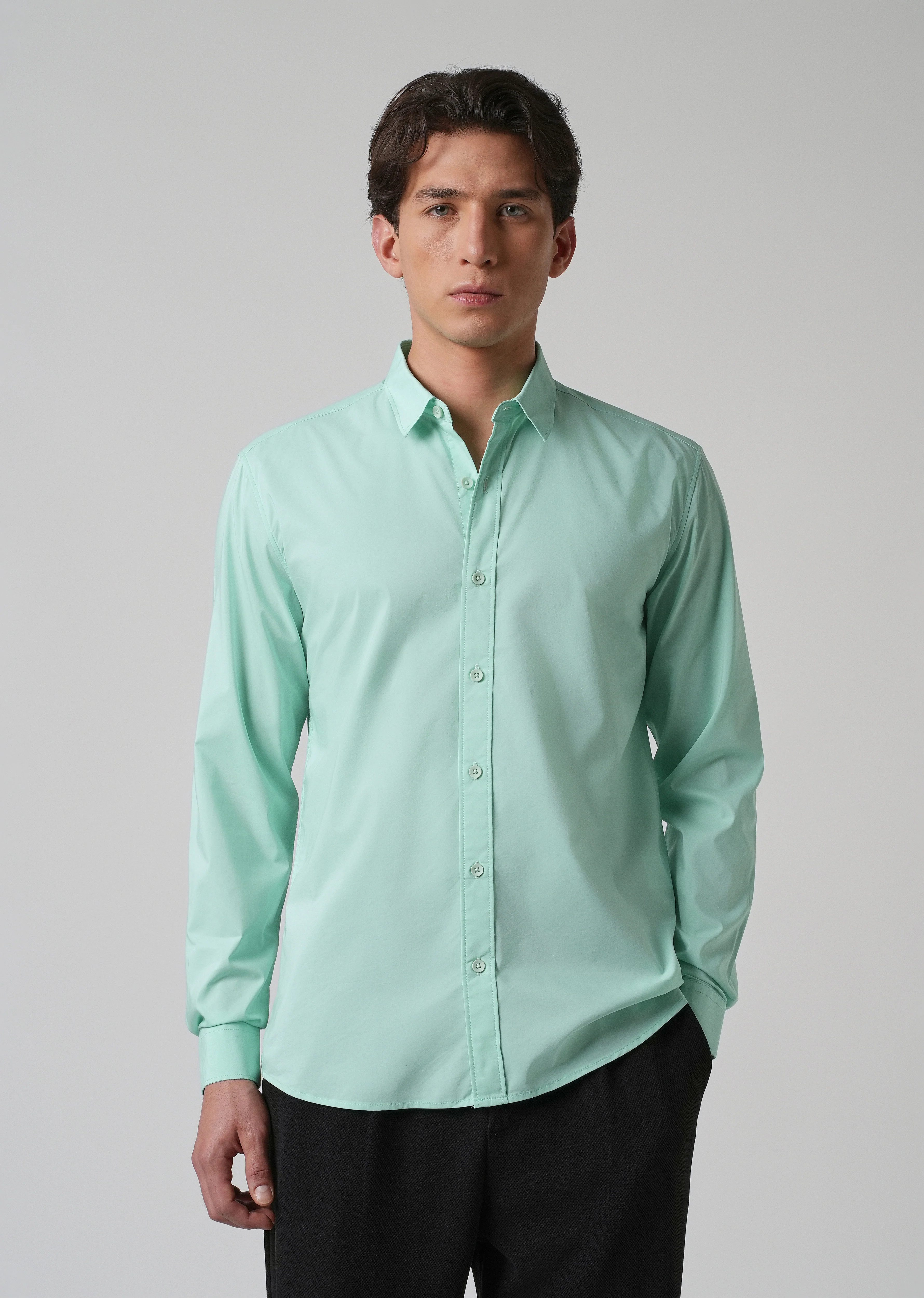 Mint Green Plain Blended Cotton Shirt - Image 3