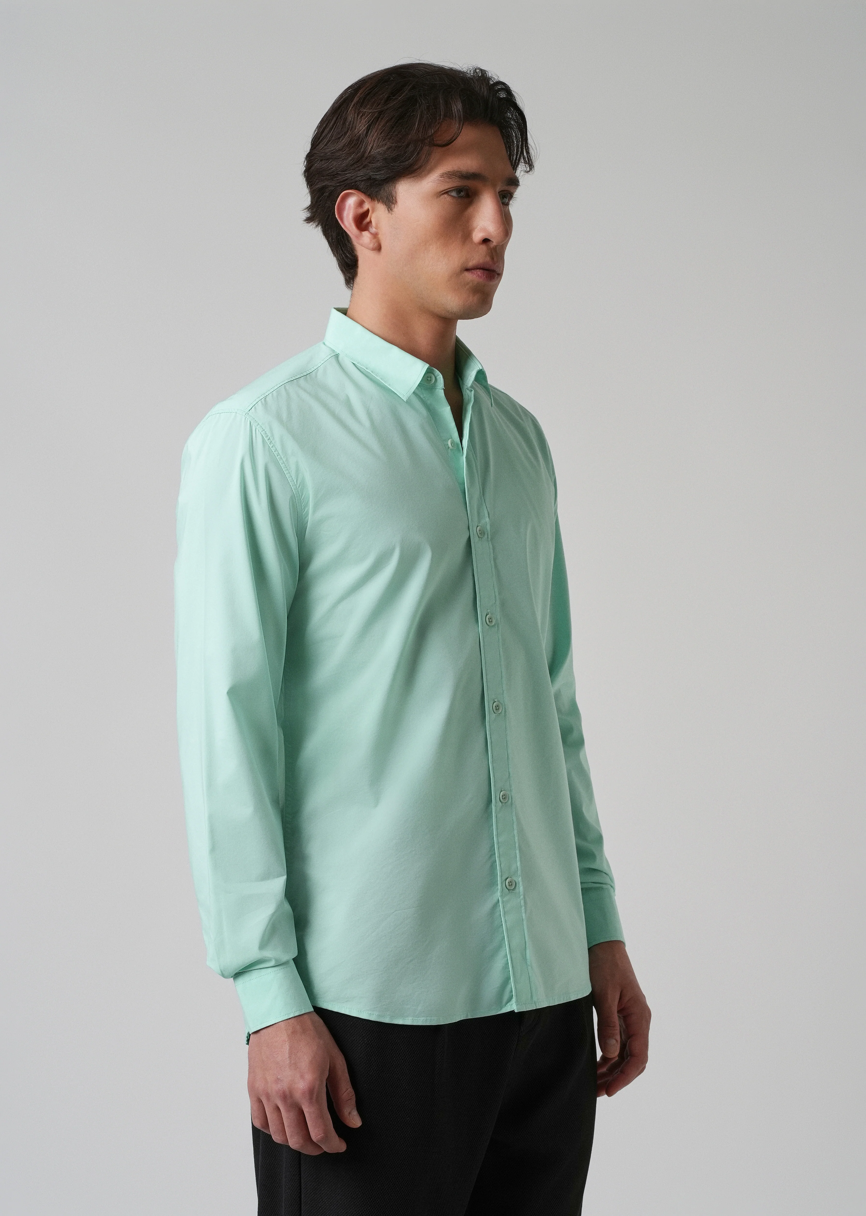 Mint Green Plain Blended Cotton Shirt - Image 4