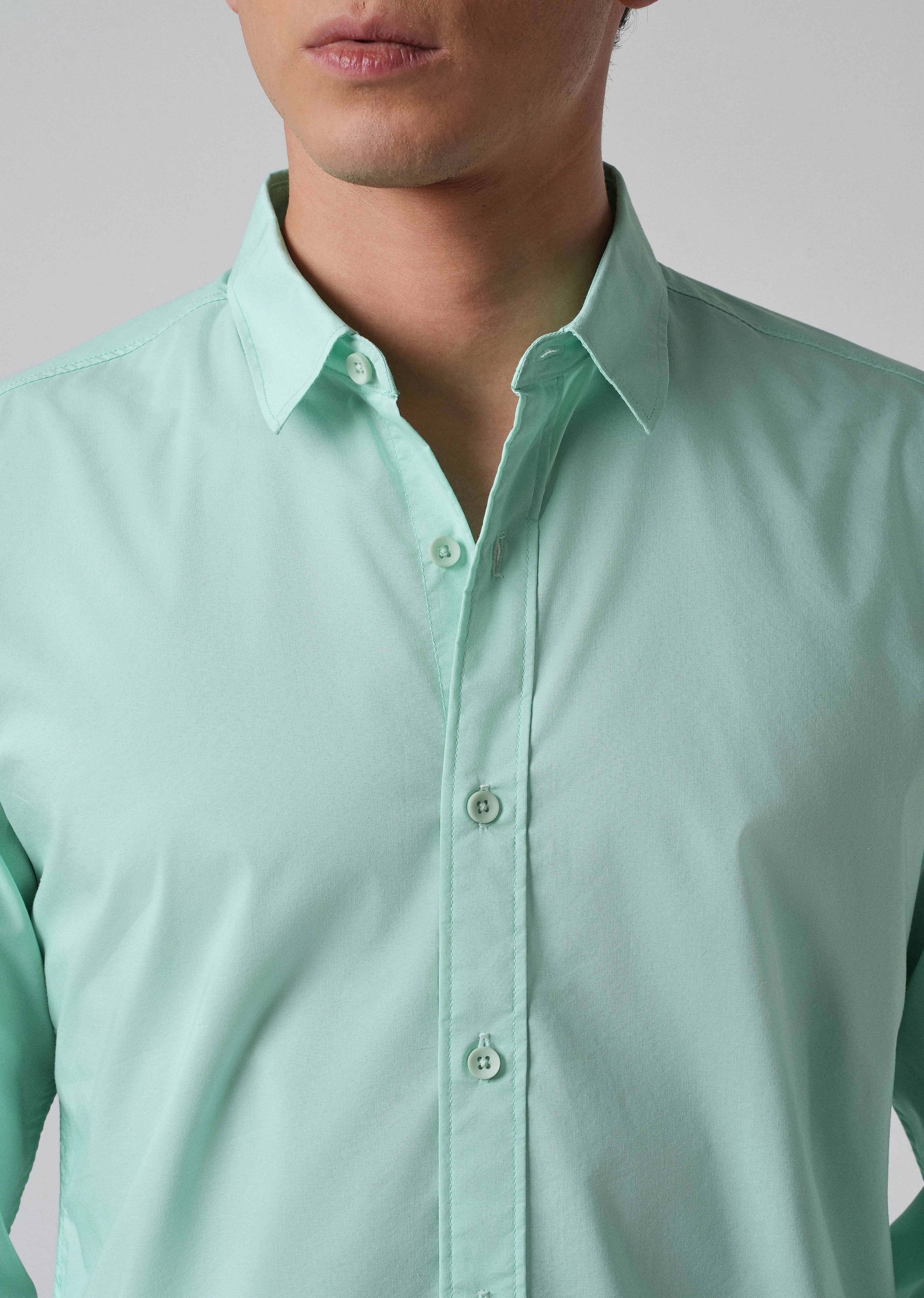 Mint Green Plain Blended Cotton Shirt - Image 5