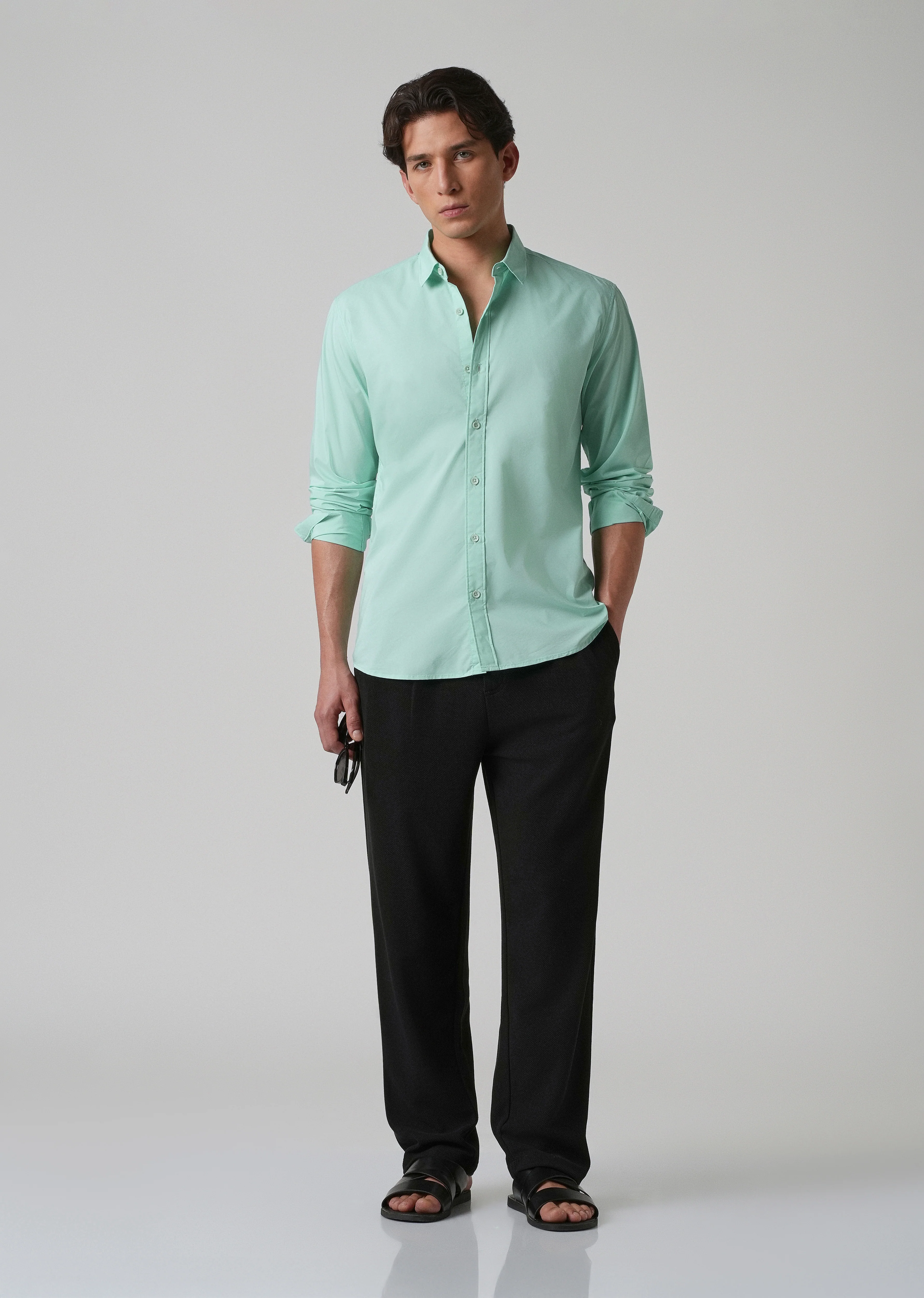 Mint Green Plain Blended Cotton Shirt - Image 6