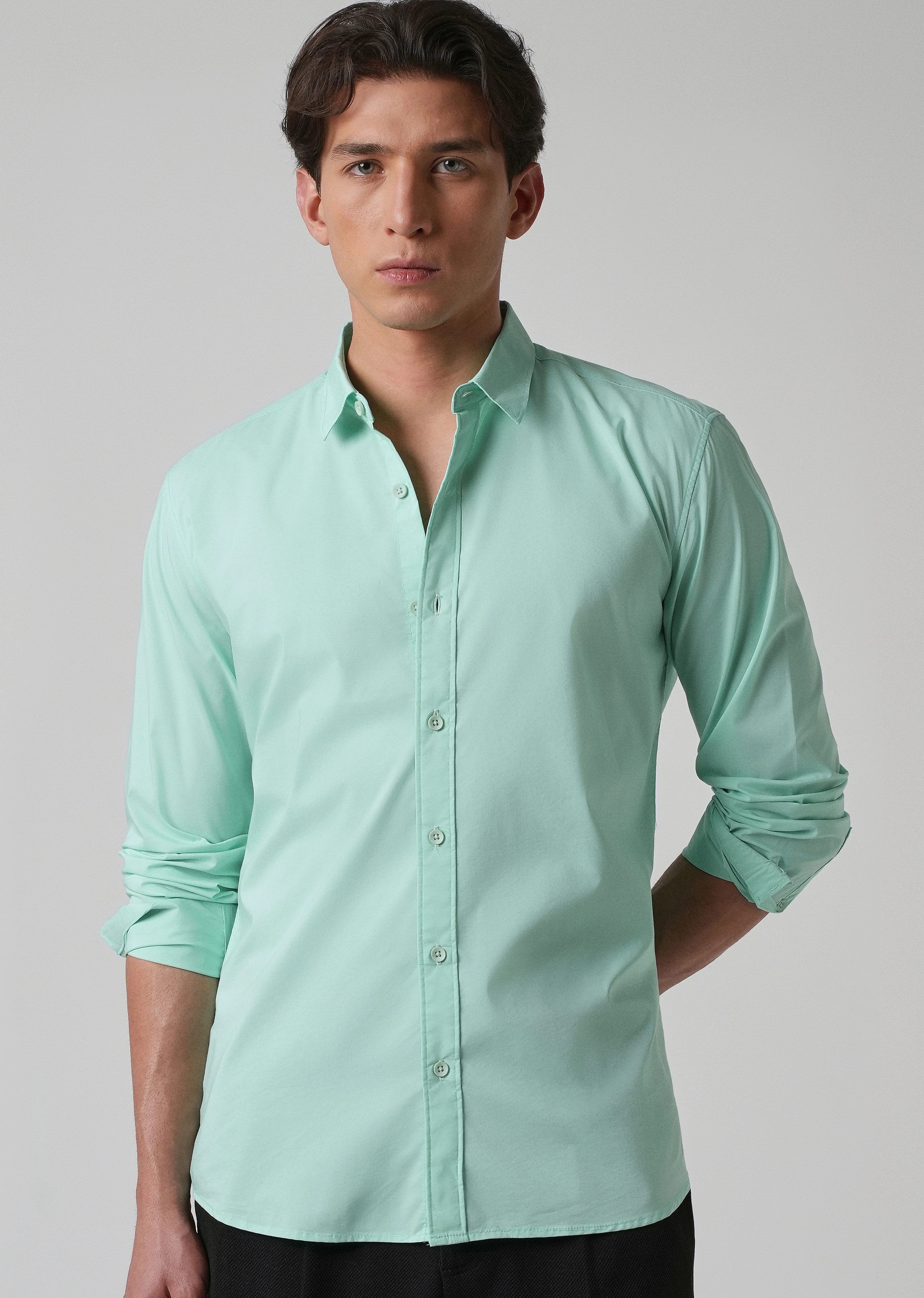 Mint Green Plain Blended Cotton Shirt - Image 7