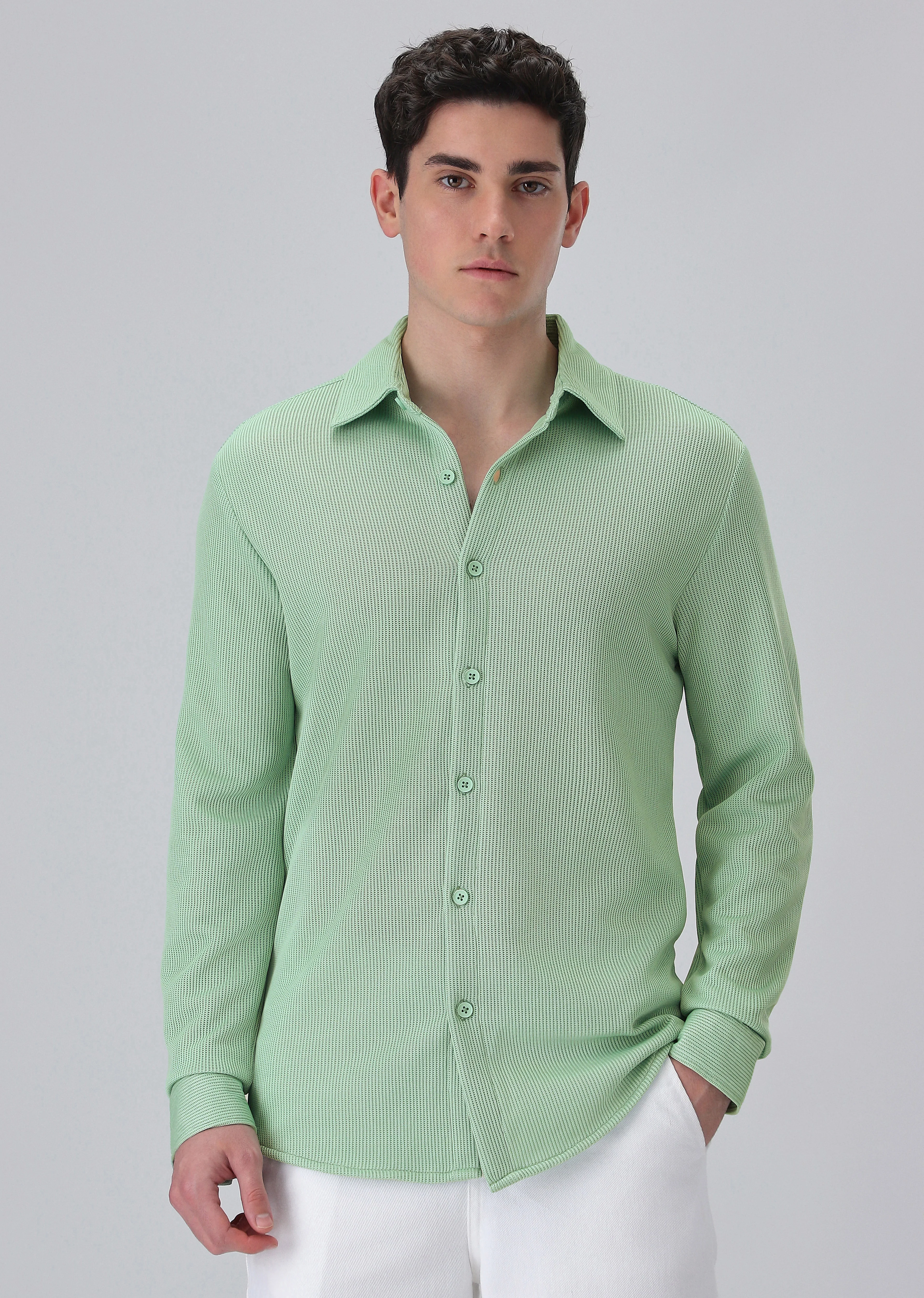 Mint Green Plain Knitted Shirt - Image 3