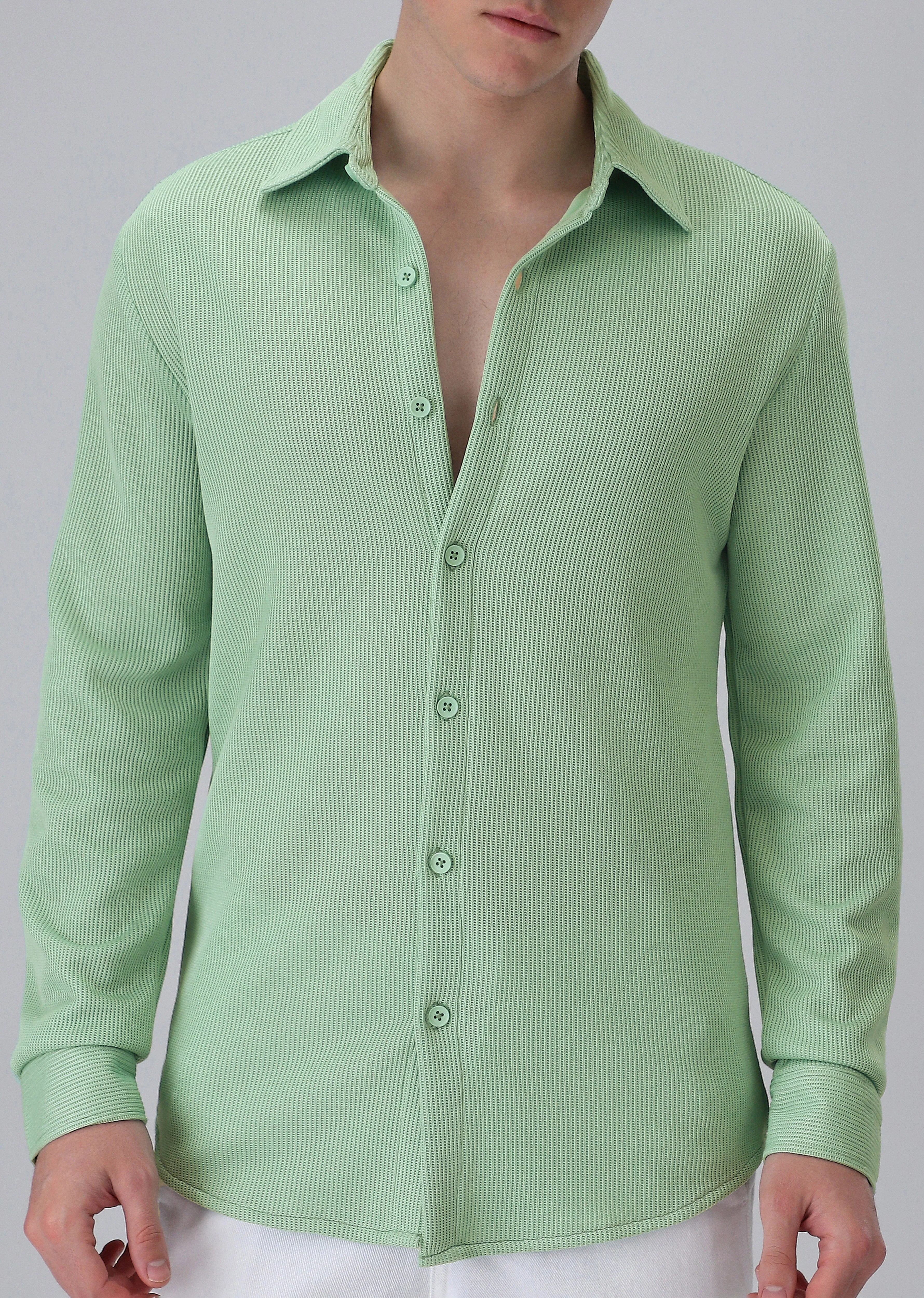 Mint Green Plain Knitted Shirt - Image 7