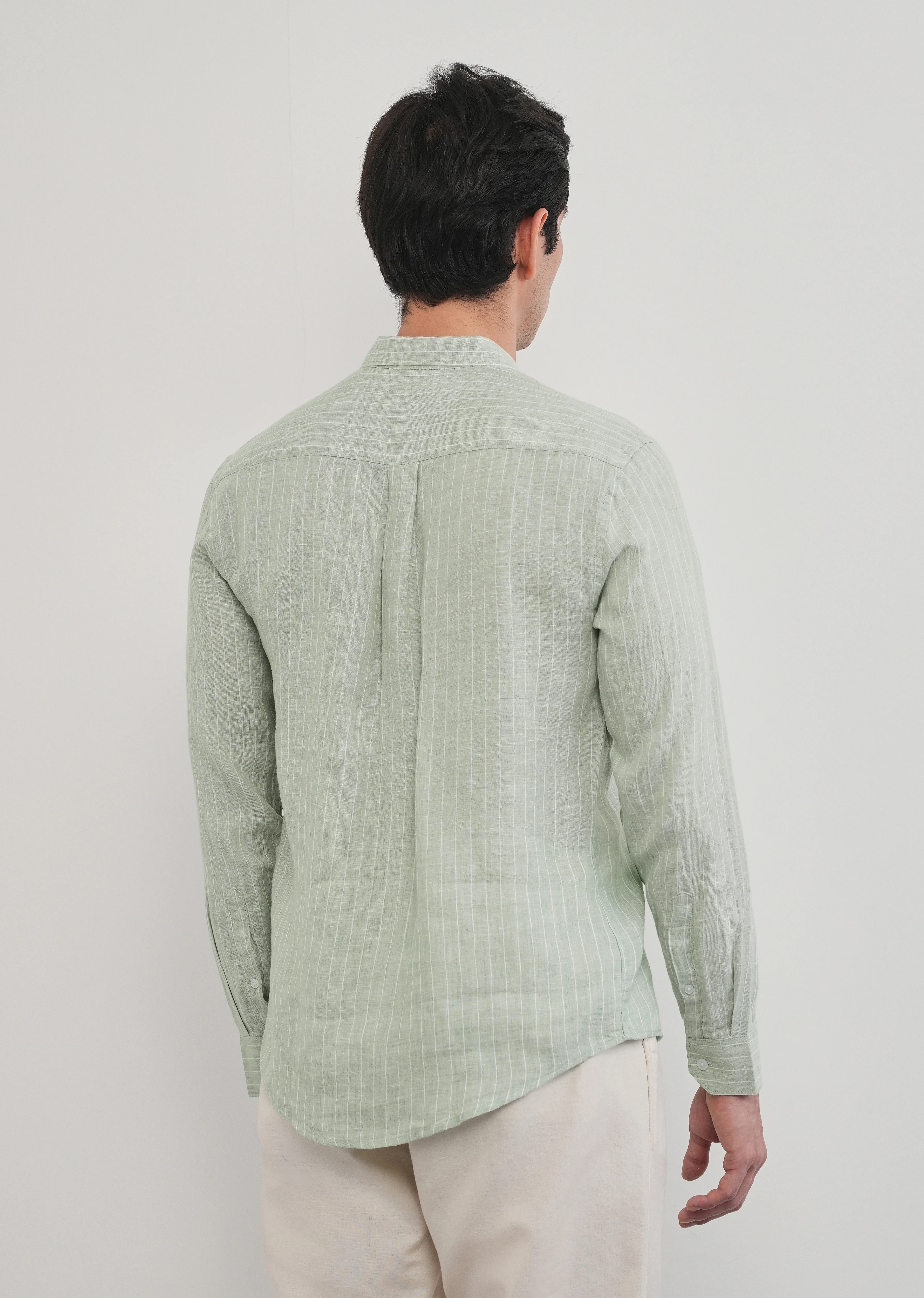 Mint Green Striped Pure Linen Shirt - Image 3