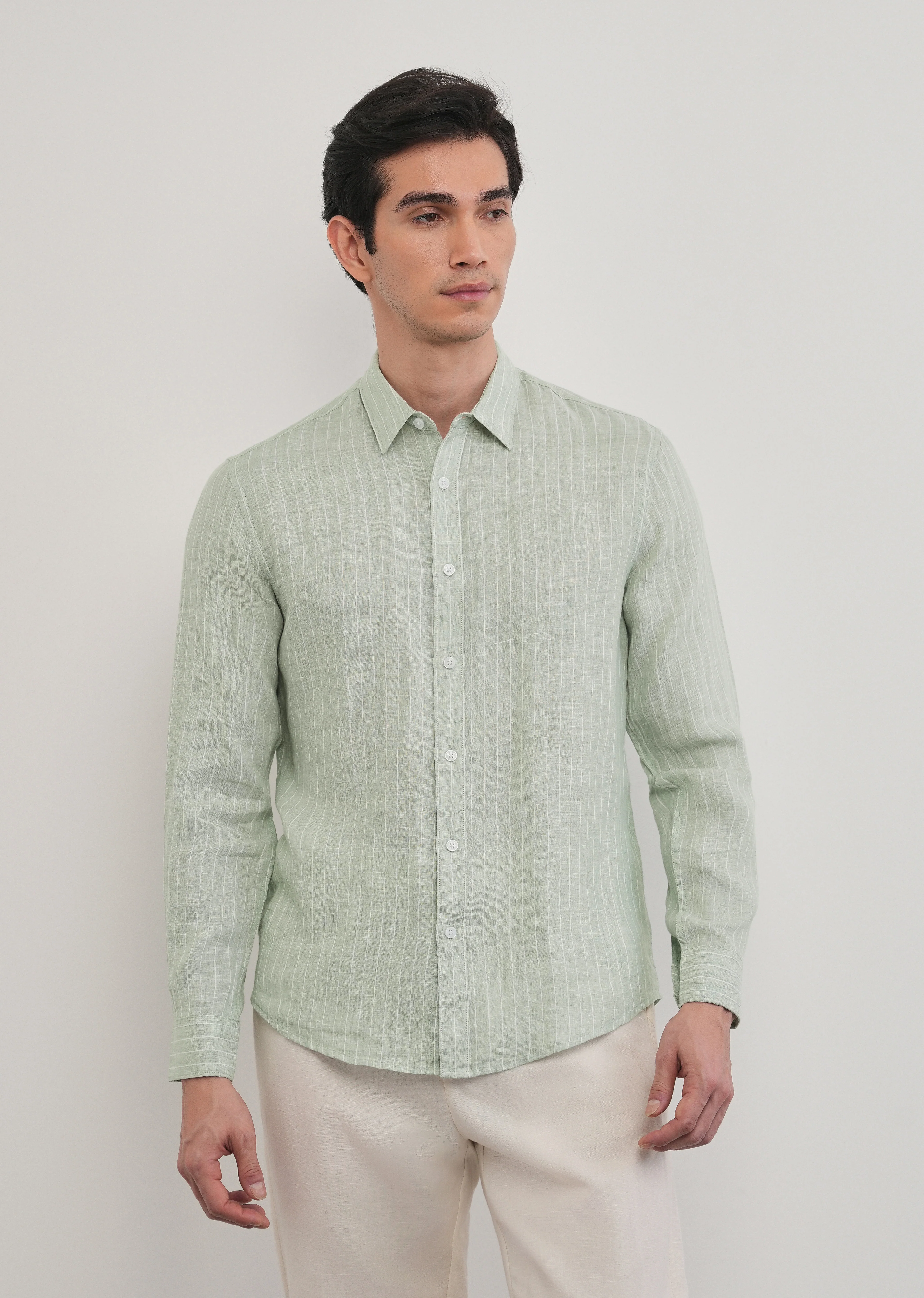 Mint Green Striped Pure Linen Shirt - Image 4