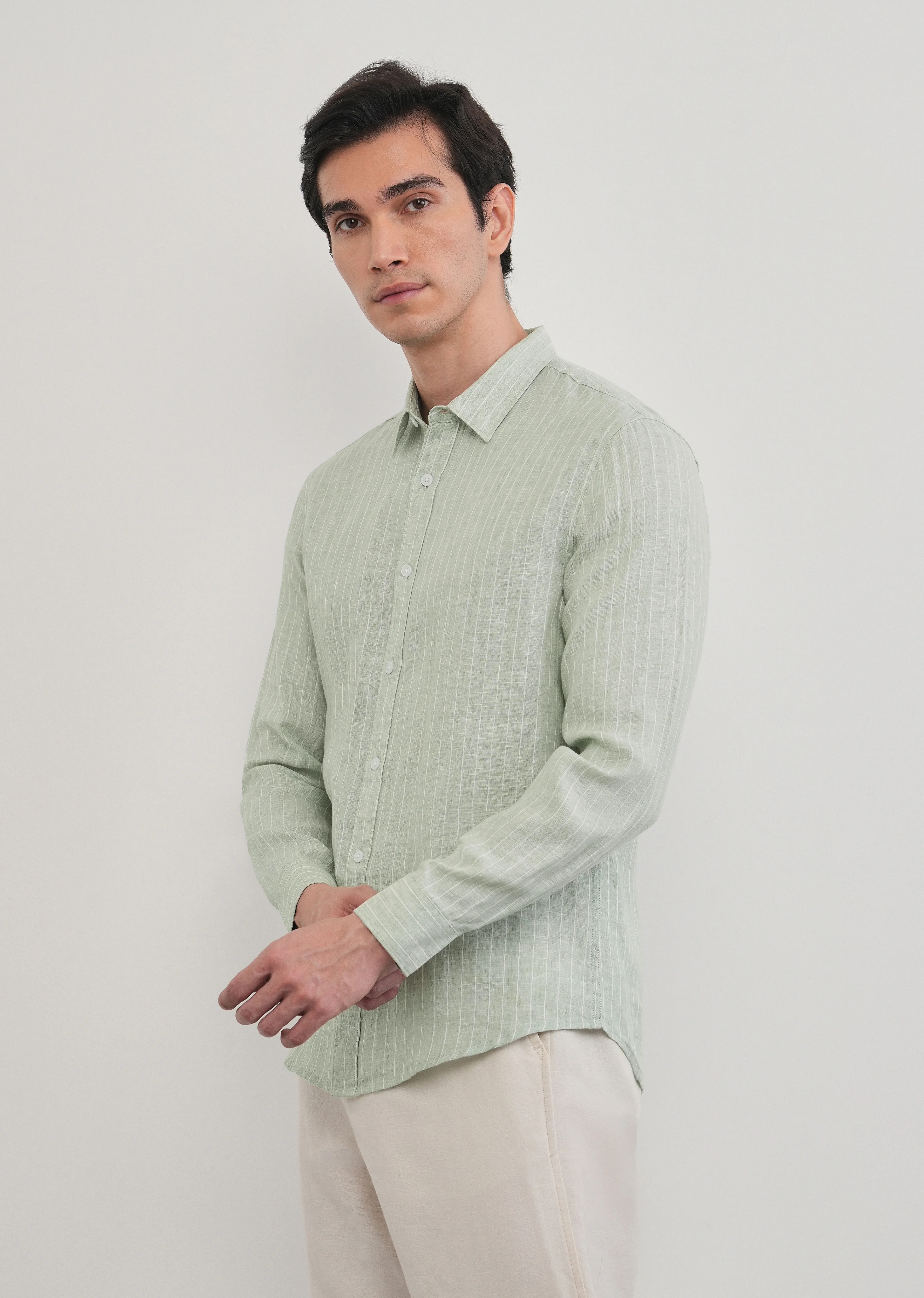 Mint Green Striped Pure Linen Shirt - Image 5