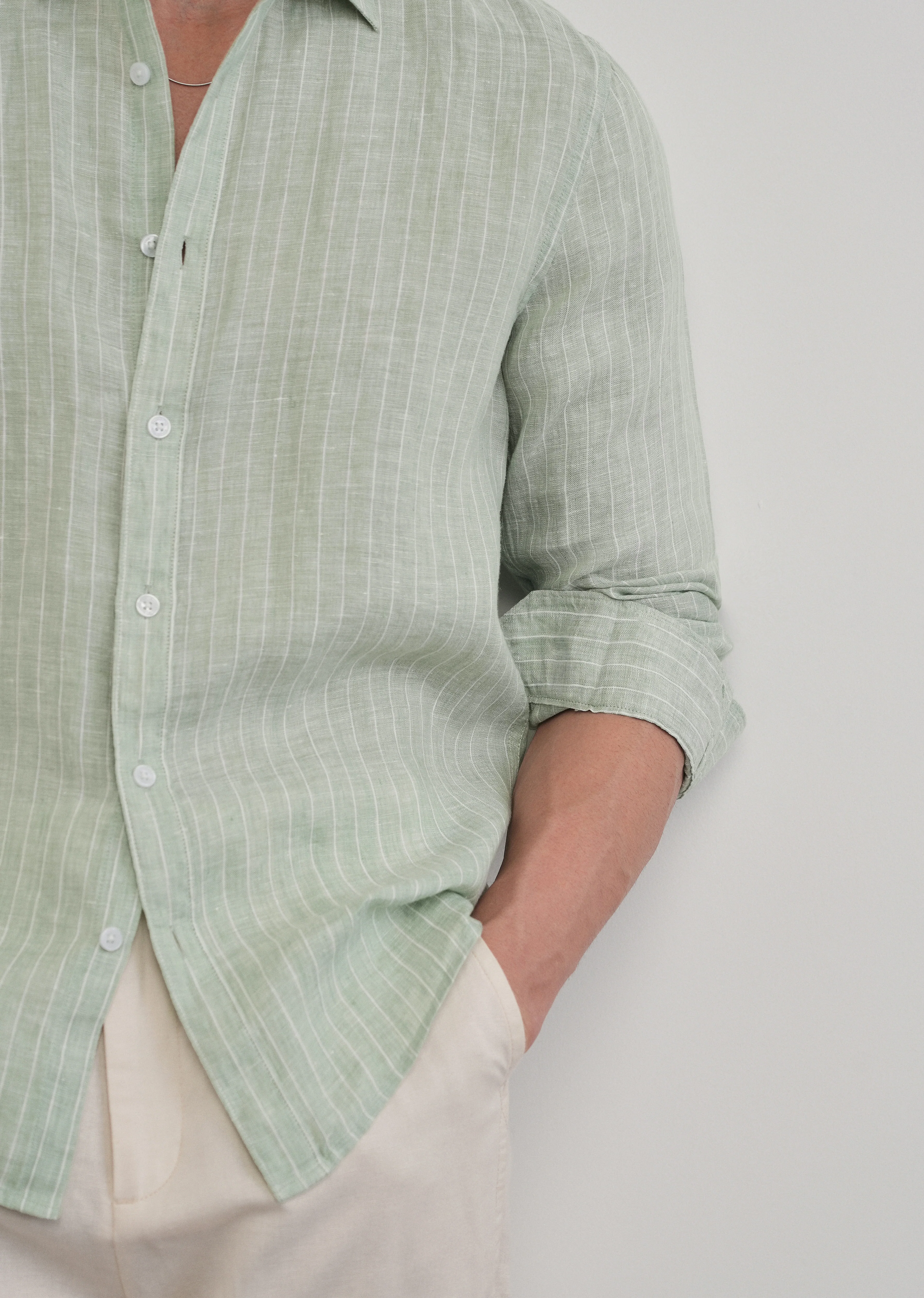 Mint Green Striped Pure Linen Shirt - Image 6