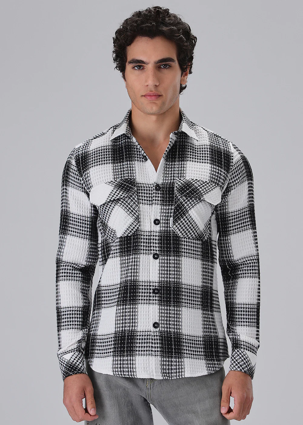 Monochrome Waffle Plaid Check Shirt - Image 3
