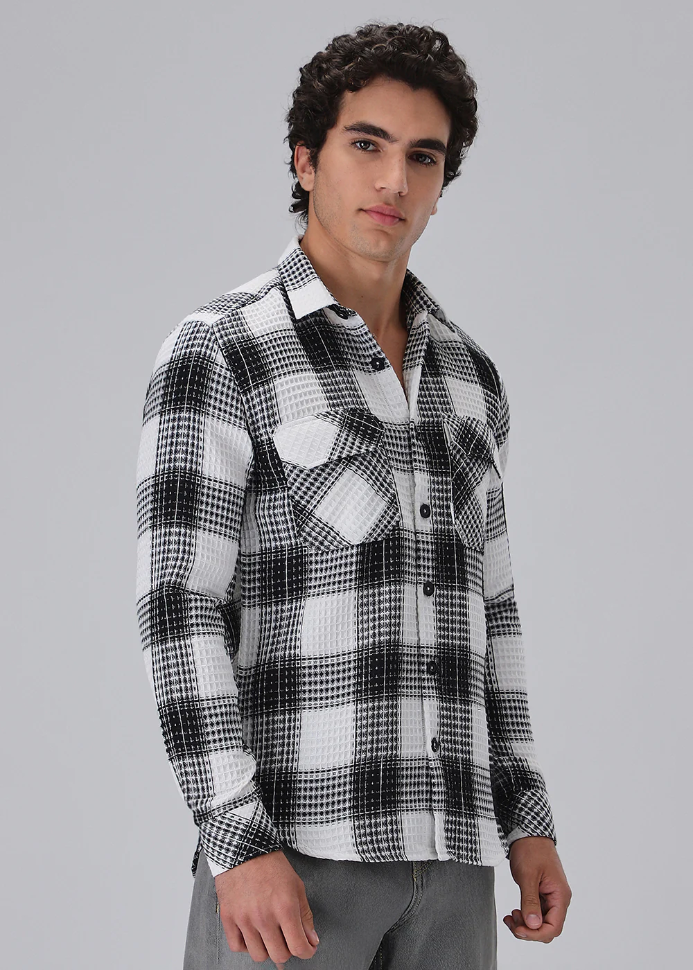 Monochrome Waffle Plaid Check Shirt - Image 5