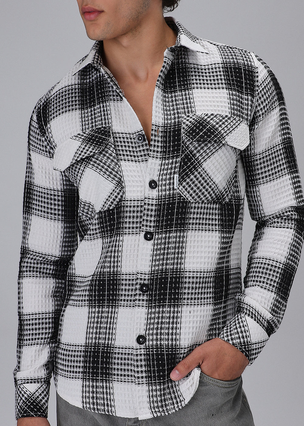 Monochrome Waffle Plaid Check Shirt - Image 7