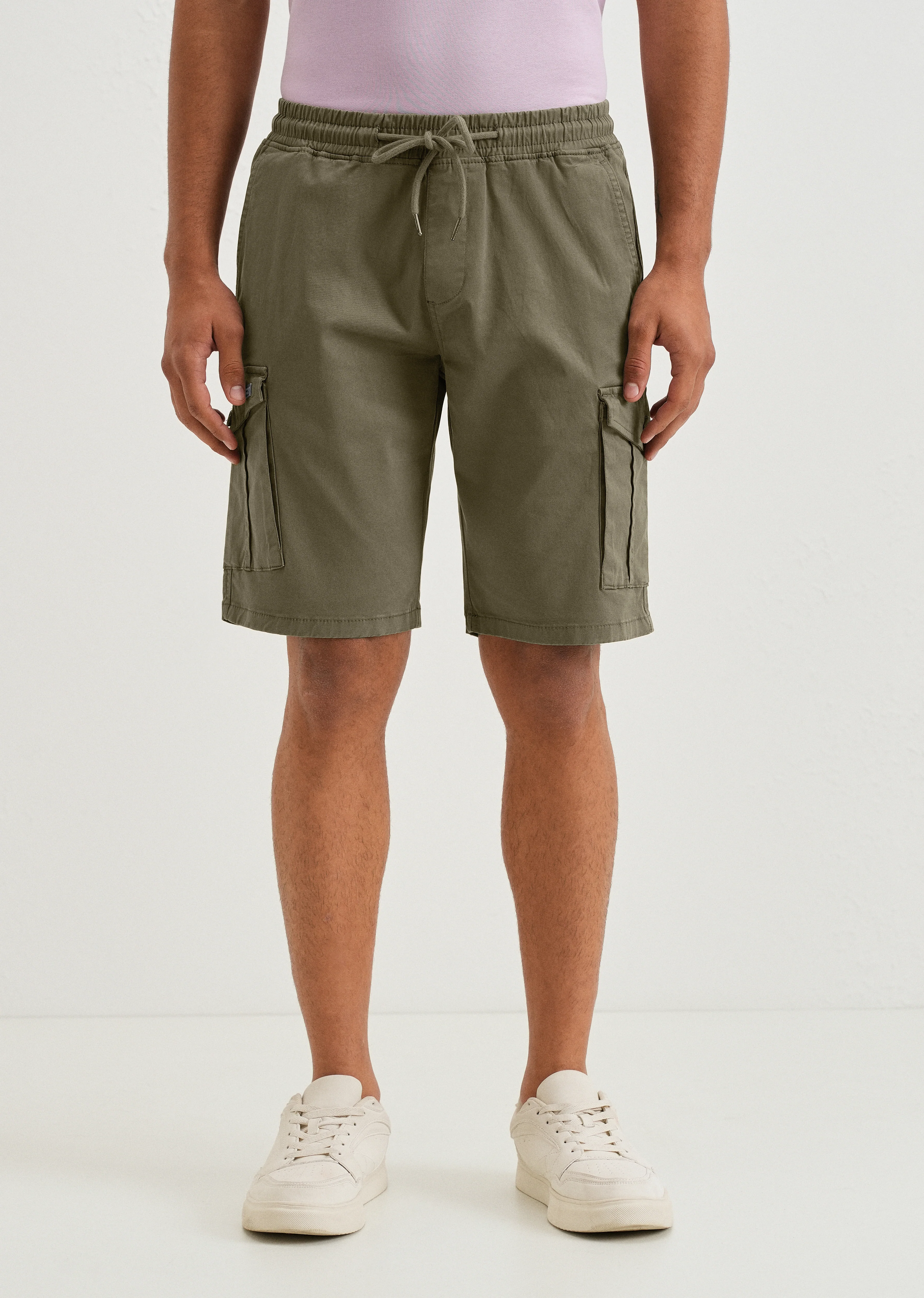 Moss Green Cotton Cargo Shorts - Image 3
