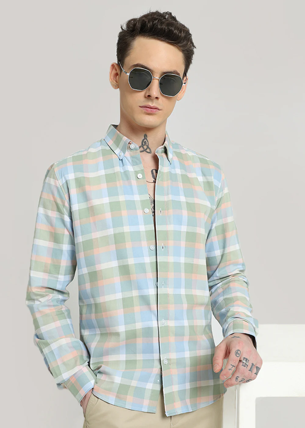 Multicolour Green Oxford Cotton Check Shirt - Image 2