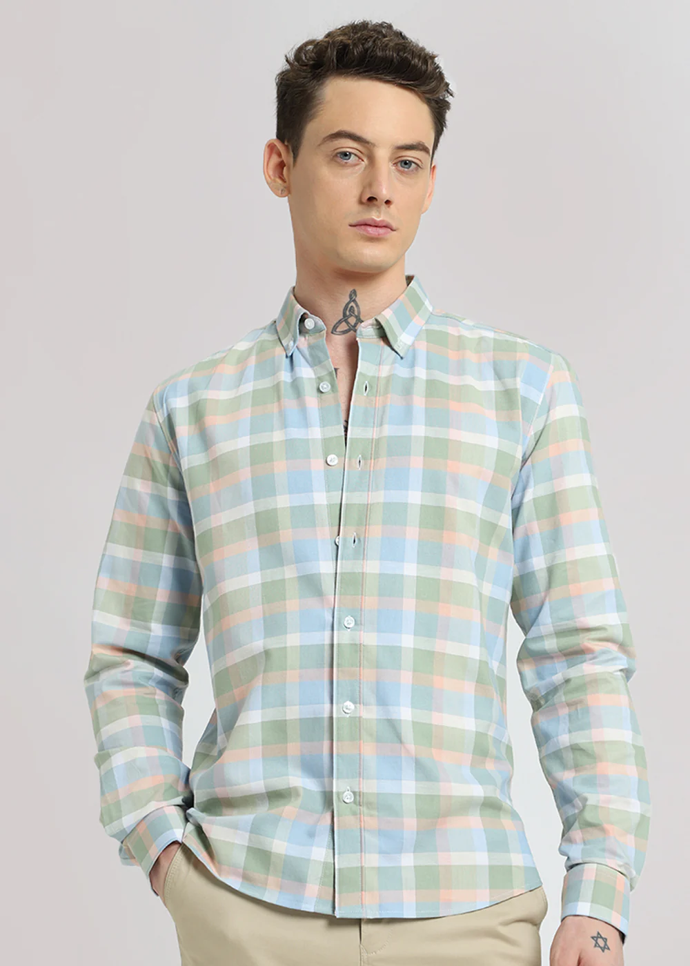 Multicolour Green Oxford Cotton Check Shirt - Image 3