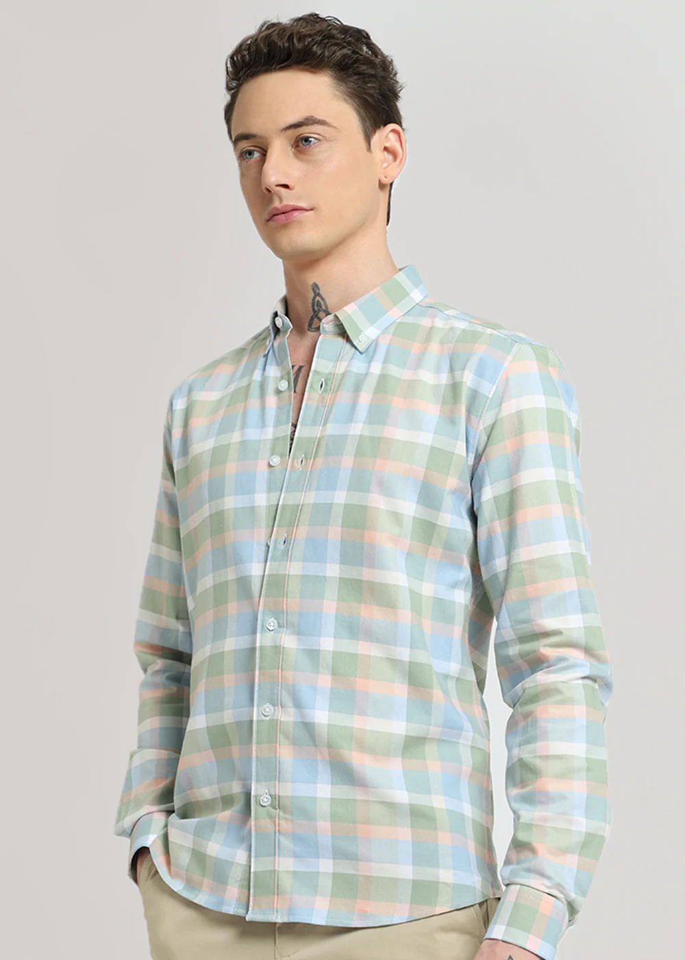 Multicolour Green Oxford Cotton Check Shirt - Image 5