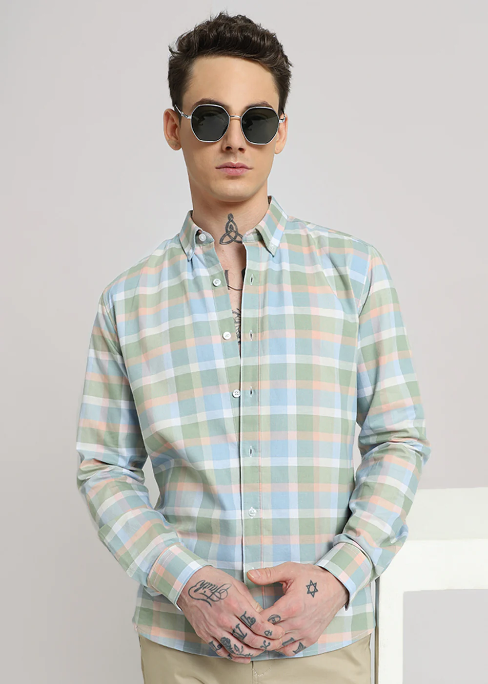 Multicolour Green Oxford Cotton Check Shirt - Image 6