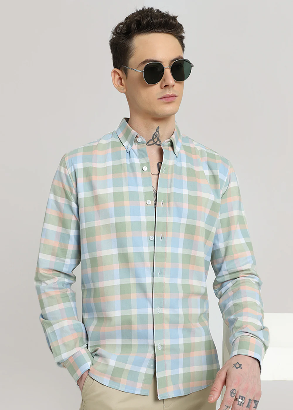 Multicolour Green Oxford Cotton Check Shirt - Image 8