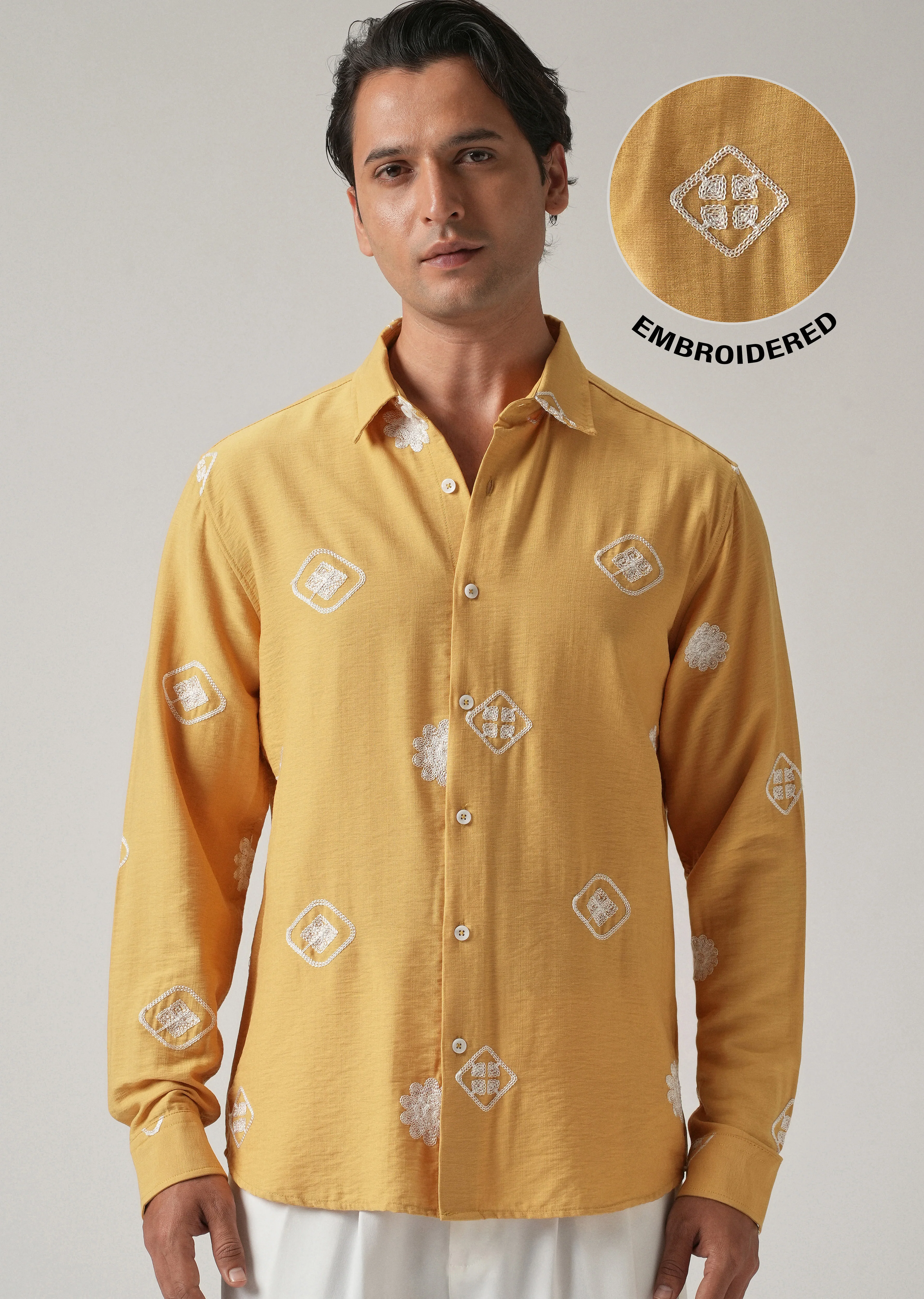 Mustard Motif Embroidery Shirt - Image 8