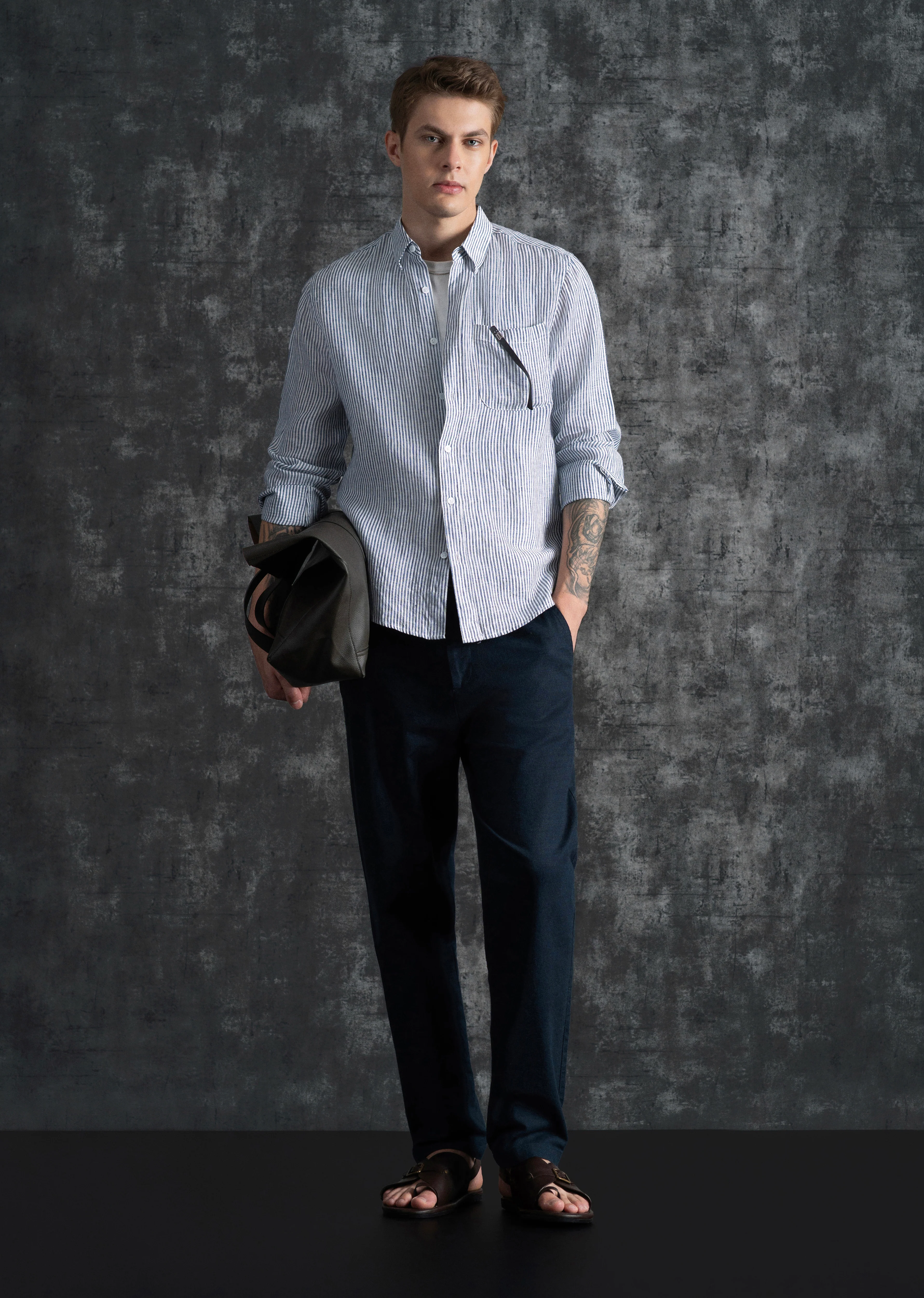 Navy Blue 100% Pure Linen Stripe Shirt - Image 10