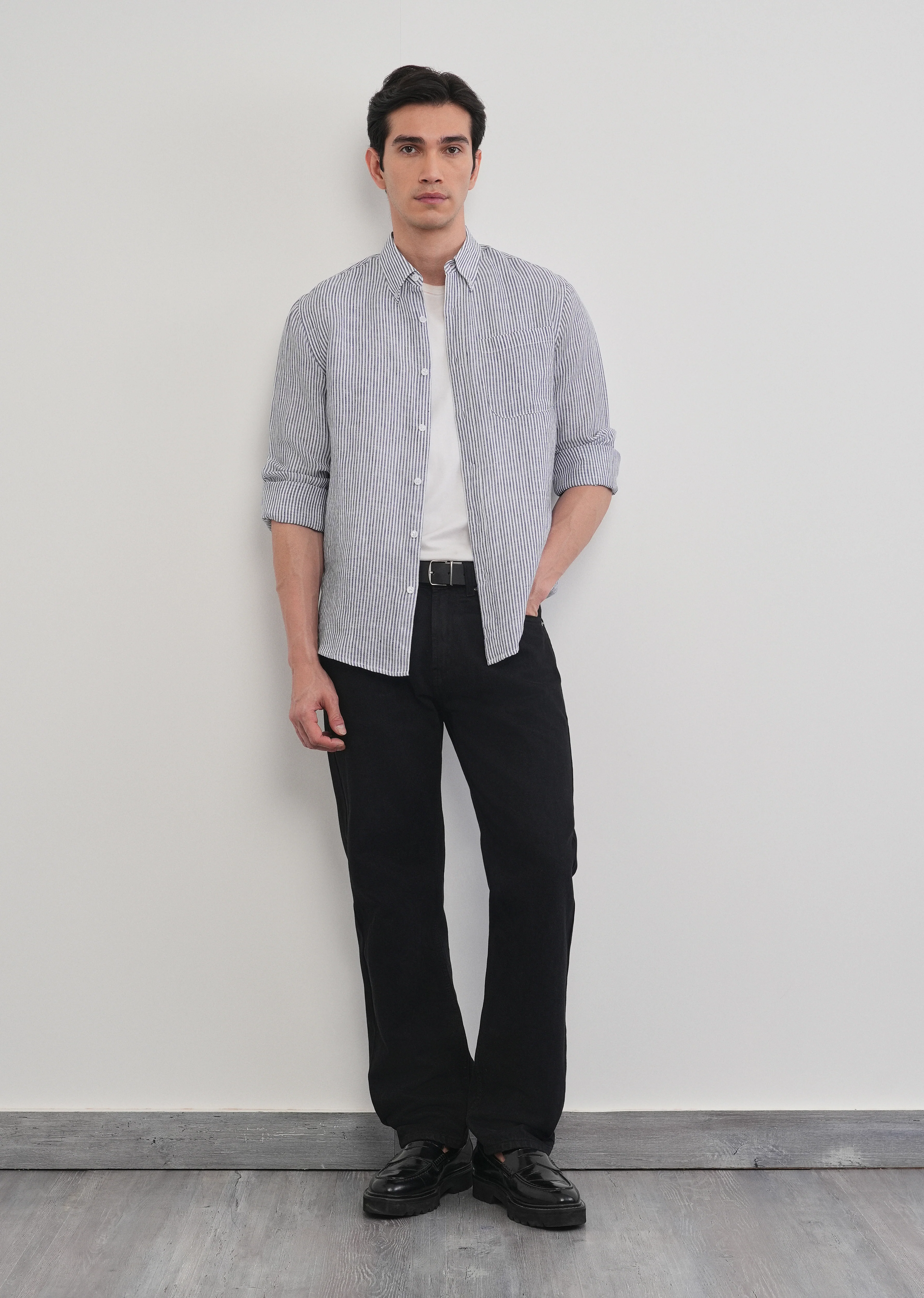 Navy Blue 100% Pure Linen Stripe Shirt - Image 12