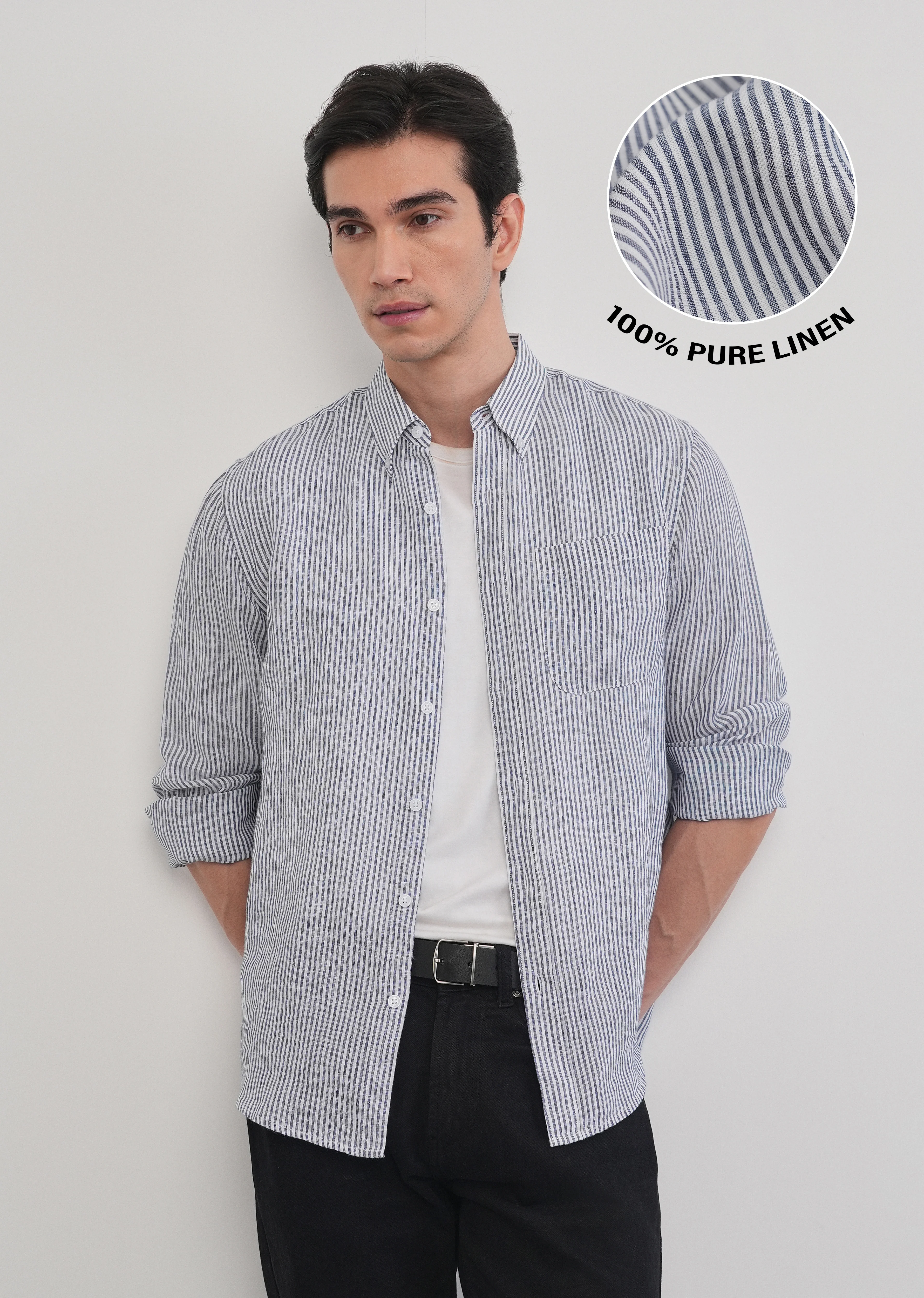 Navy Blue 100% Pure Linen Stripe Shirt - Image 13