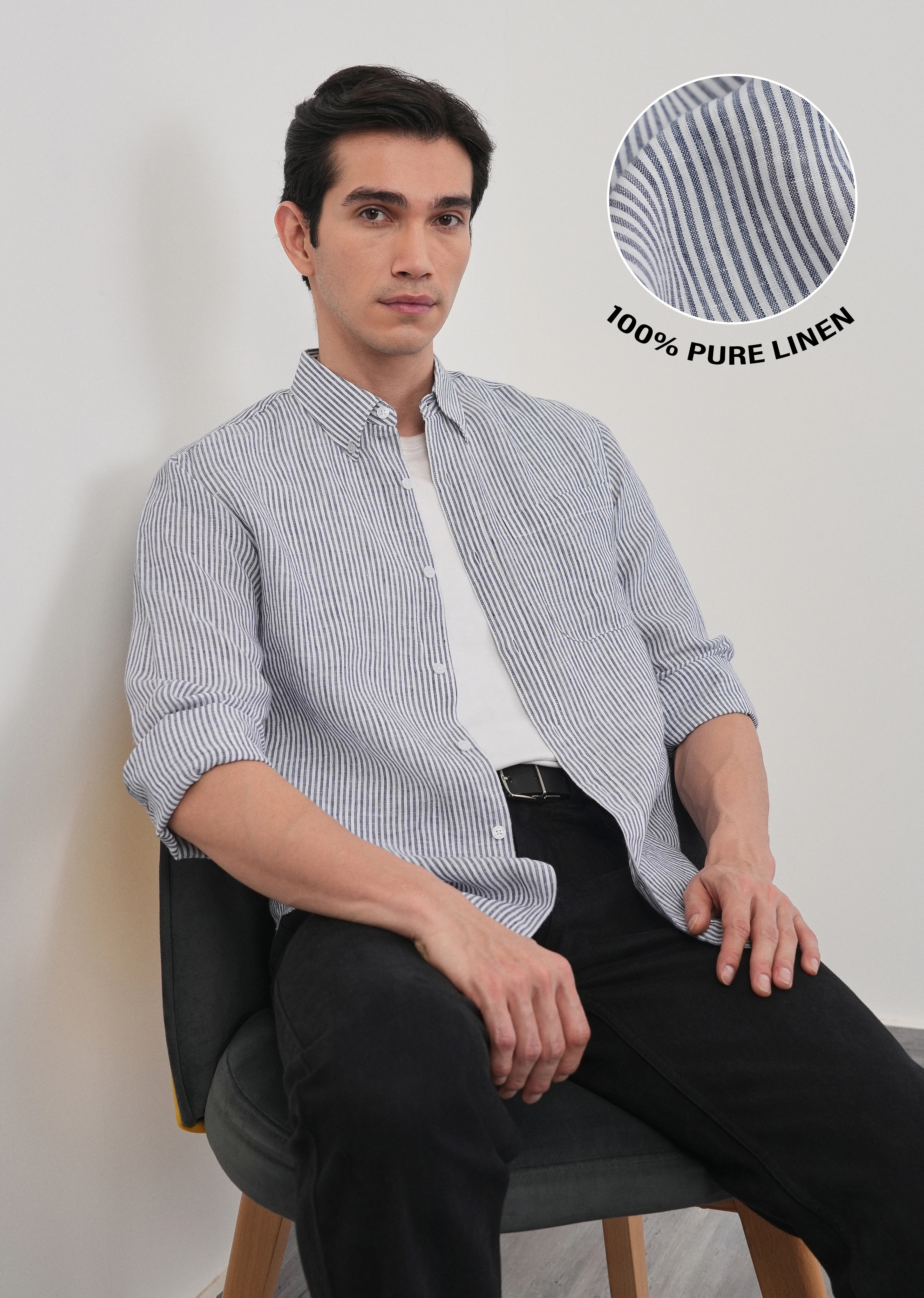 Navy Blue 100% Pure Linen Stripe Shirt - Image 3