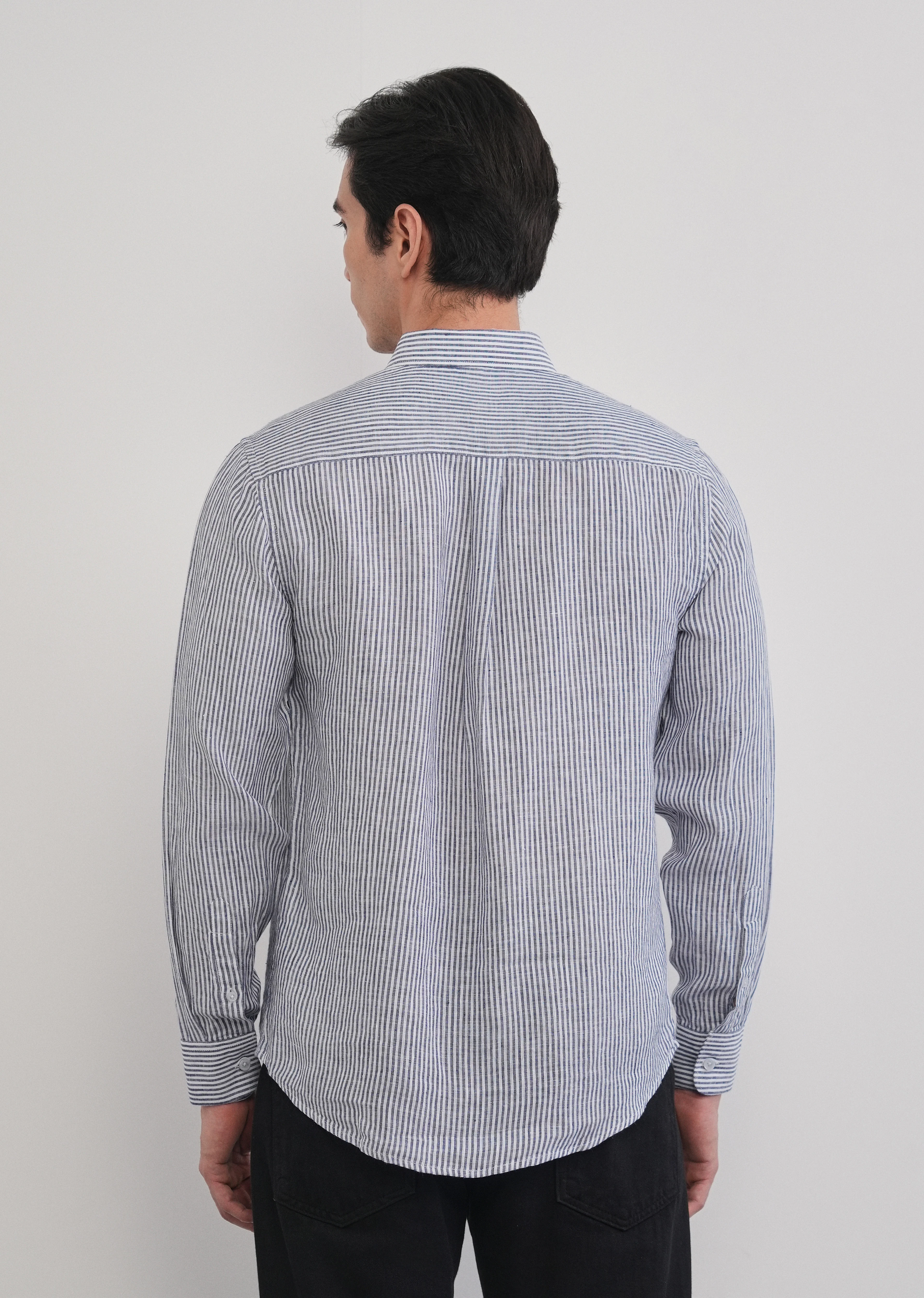 Navy Blue 100% Pure Linen Stripe Shirt - Image 7