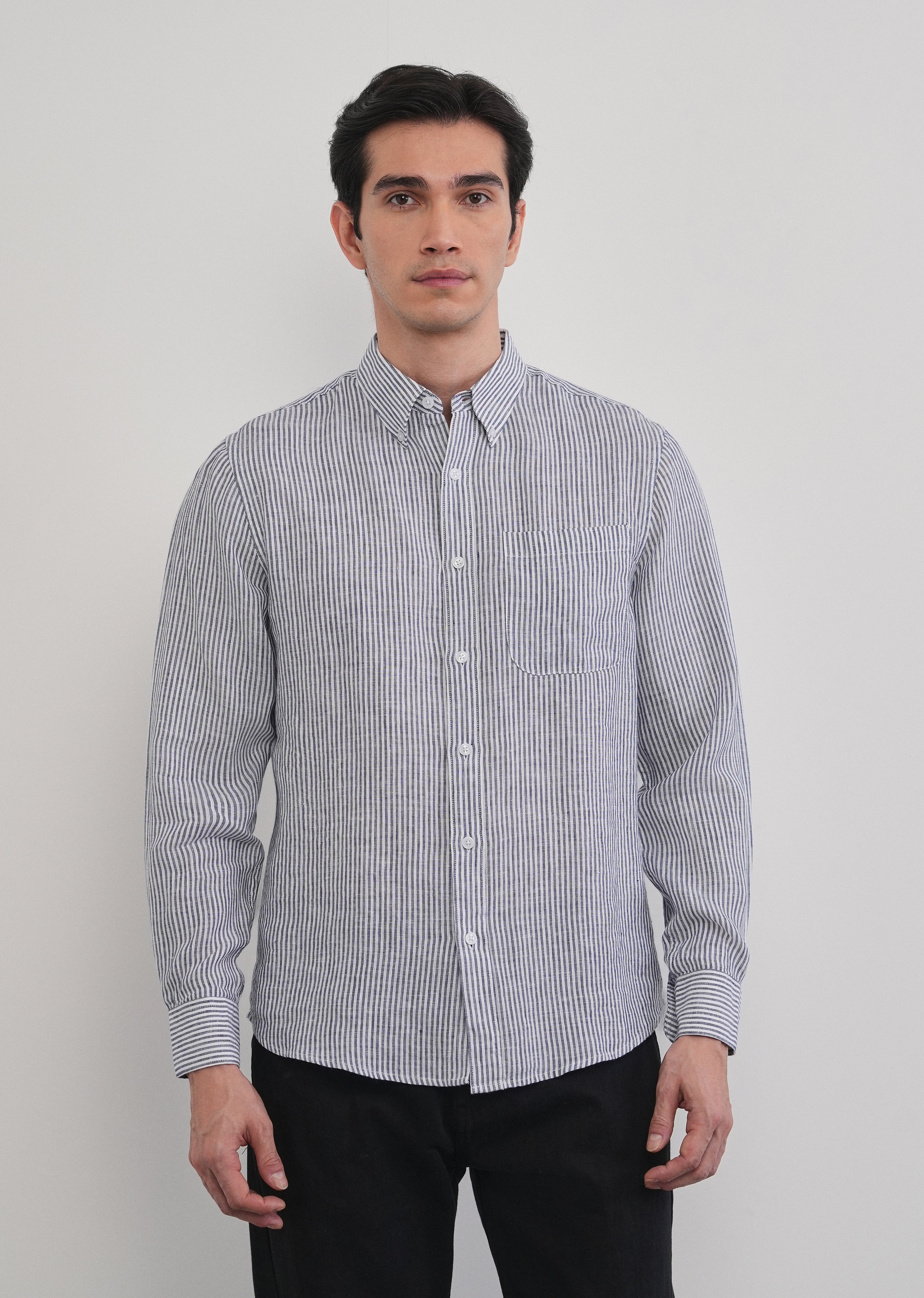Navy Blue 100% Pure Linen Stripe Shirt - Image 8