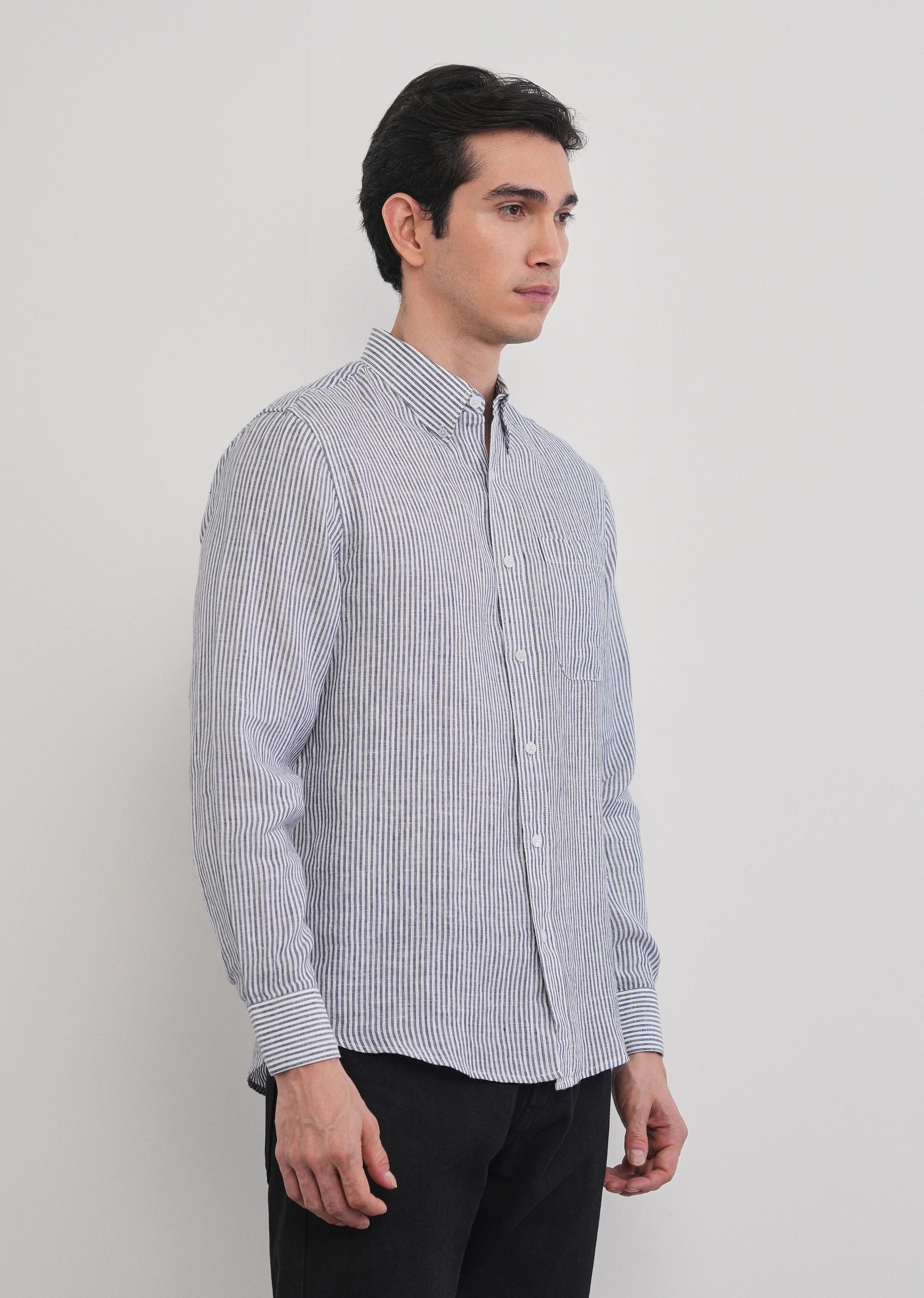 Navy Blue 100% Pure Linen Stripe Shirt - Image 9