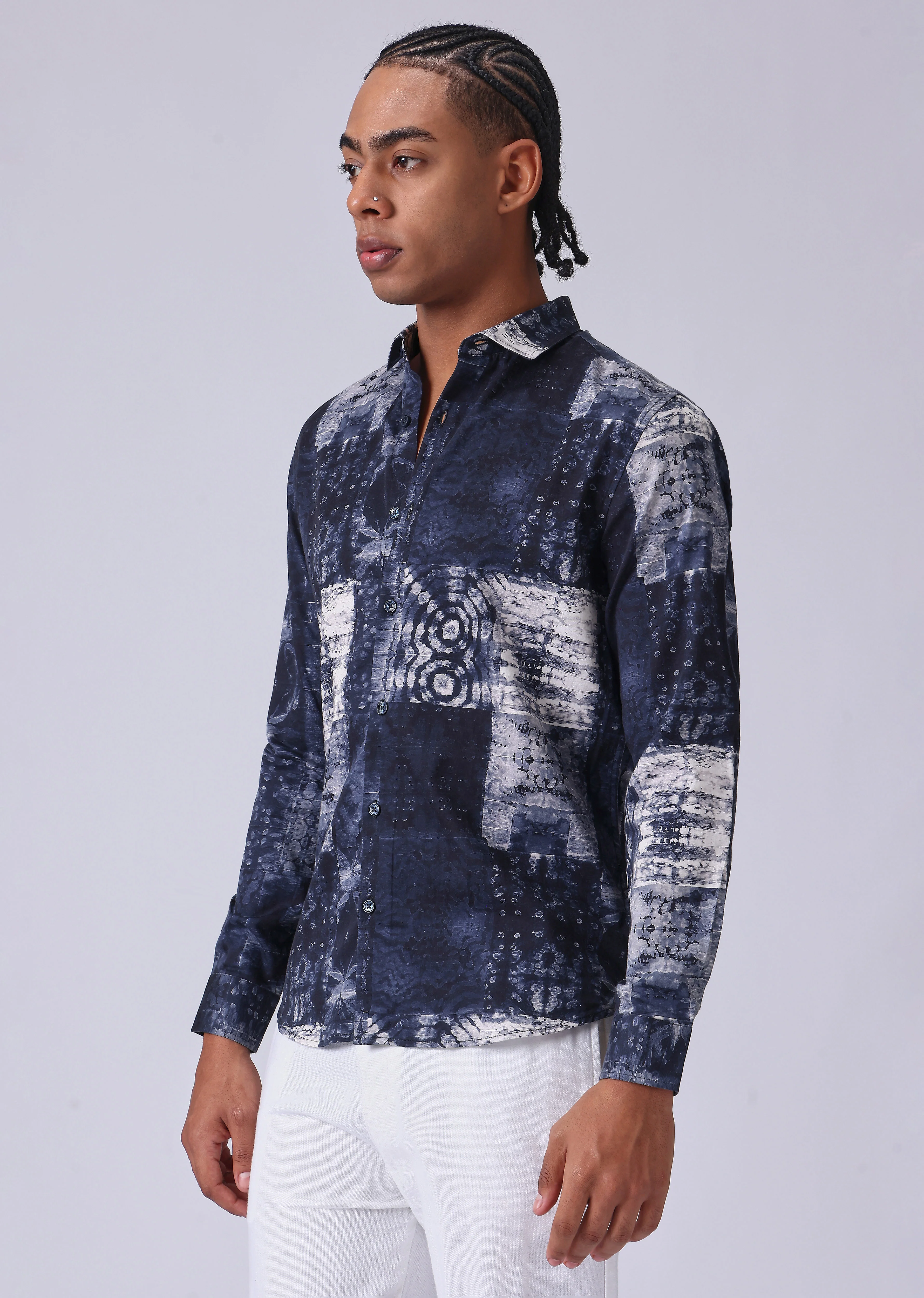 Navy Blue Abstract Print Shirt - Image 4