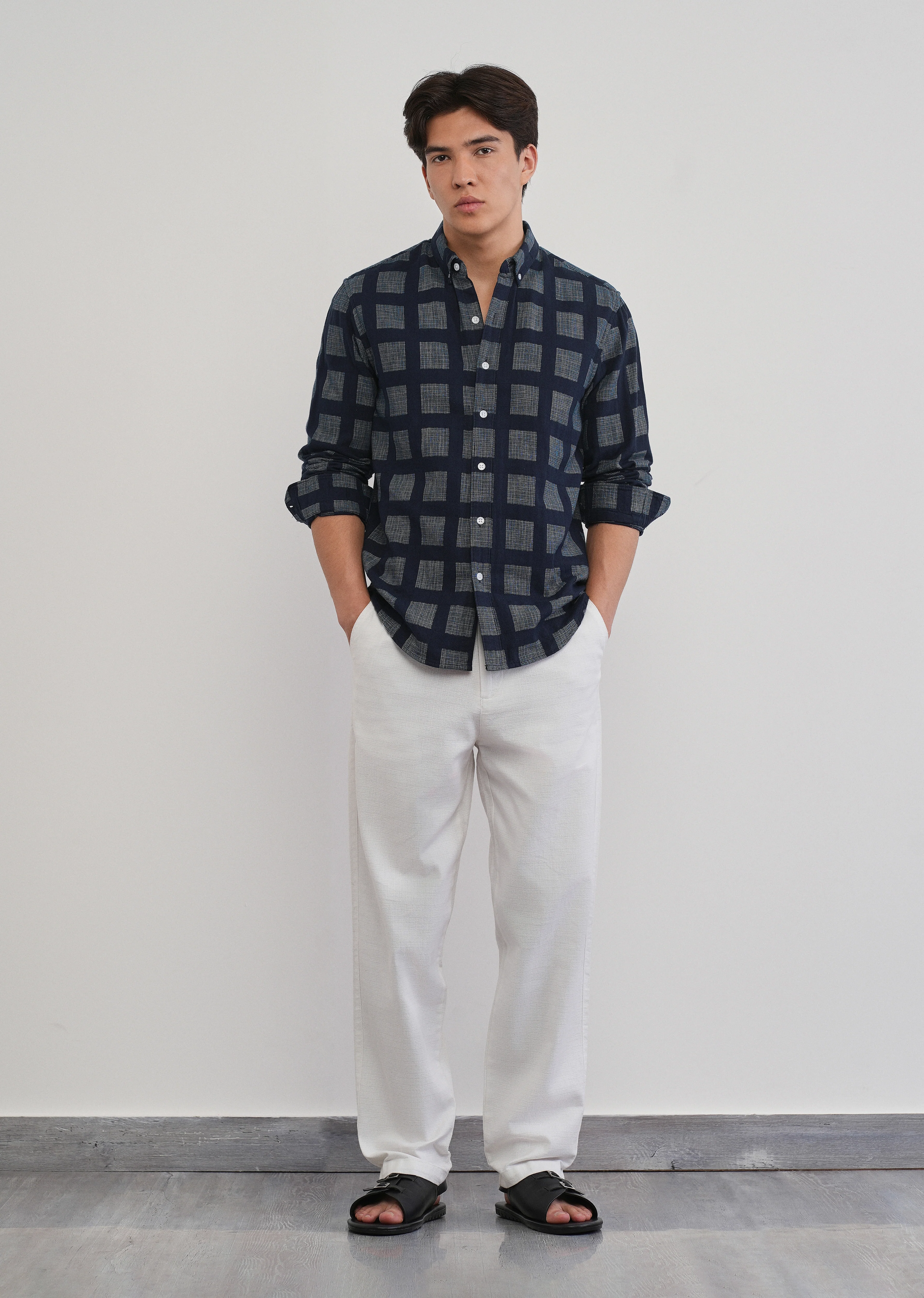 Navy Blue Broken Check Cotton Linen Shirt - Image 6
