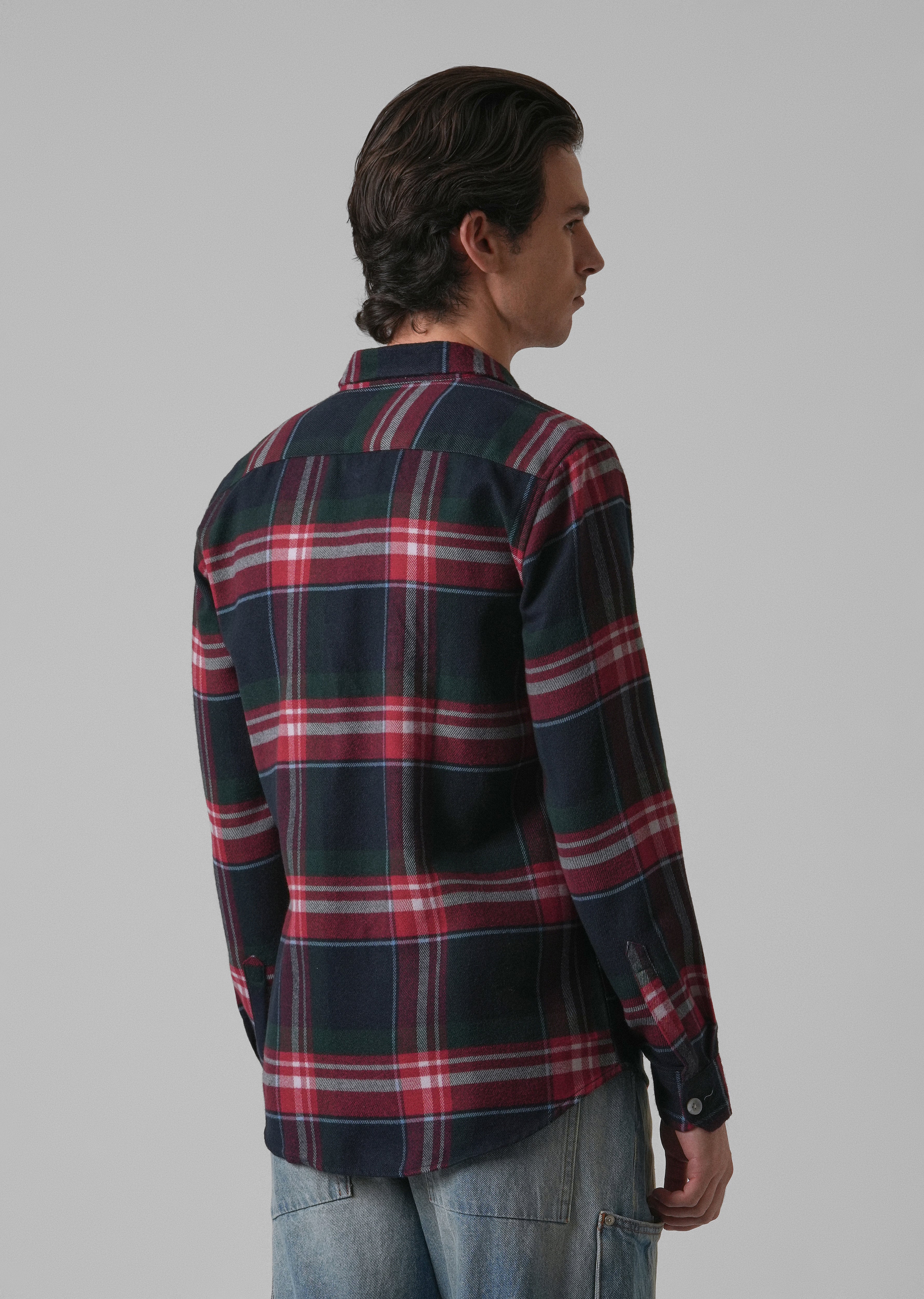 Navy Blue Brushed Cotton Check Shirt - Image 2