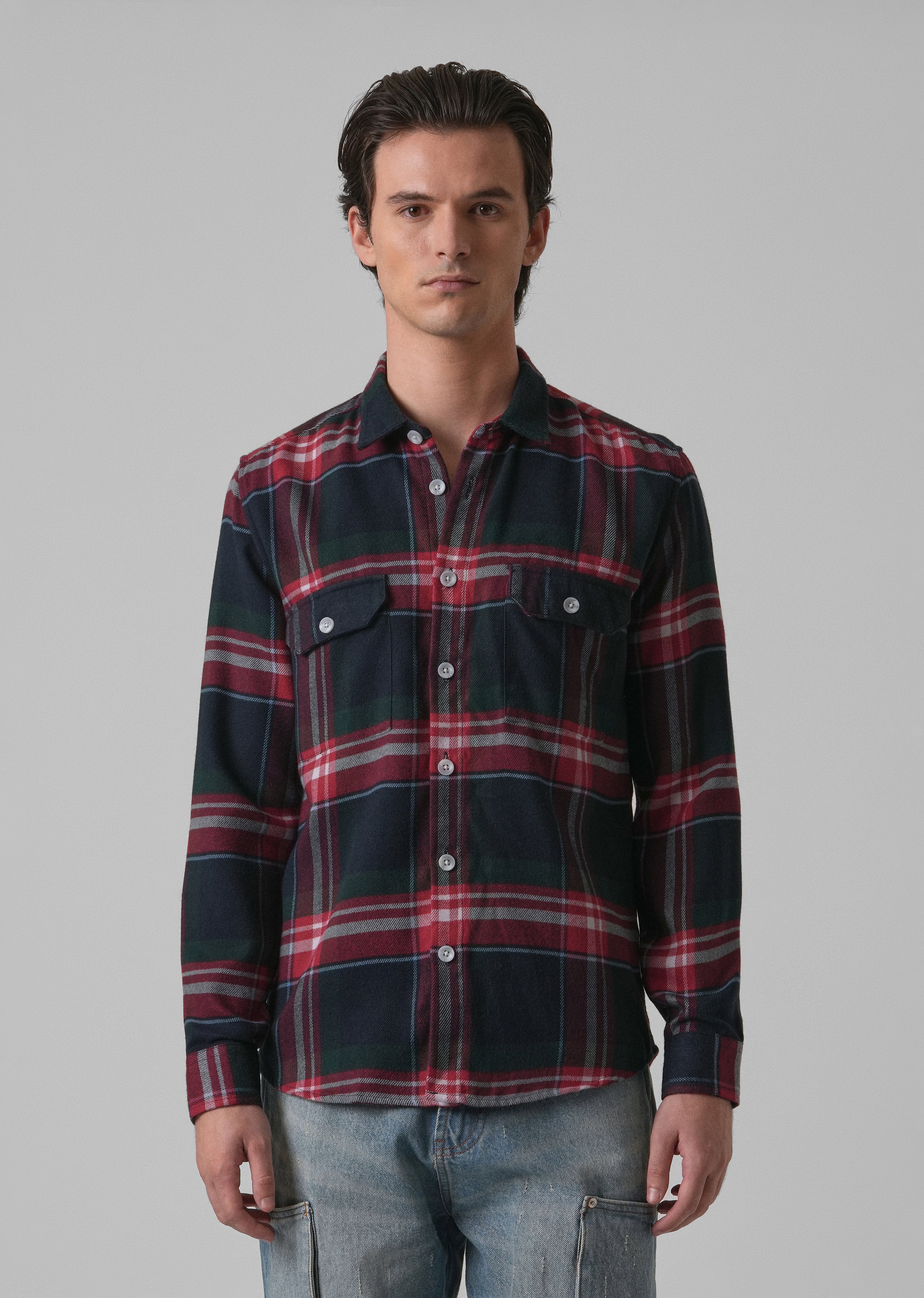 Navy Blue Brushed Cotton Check Shirt - Image 3