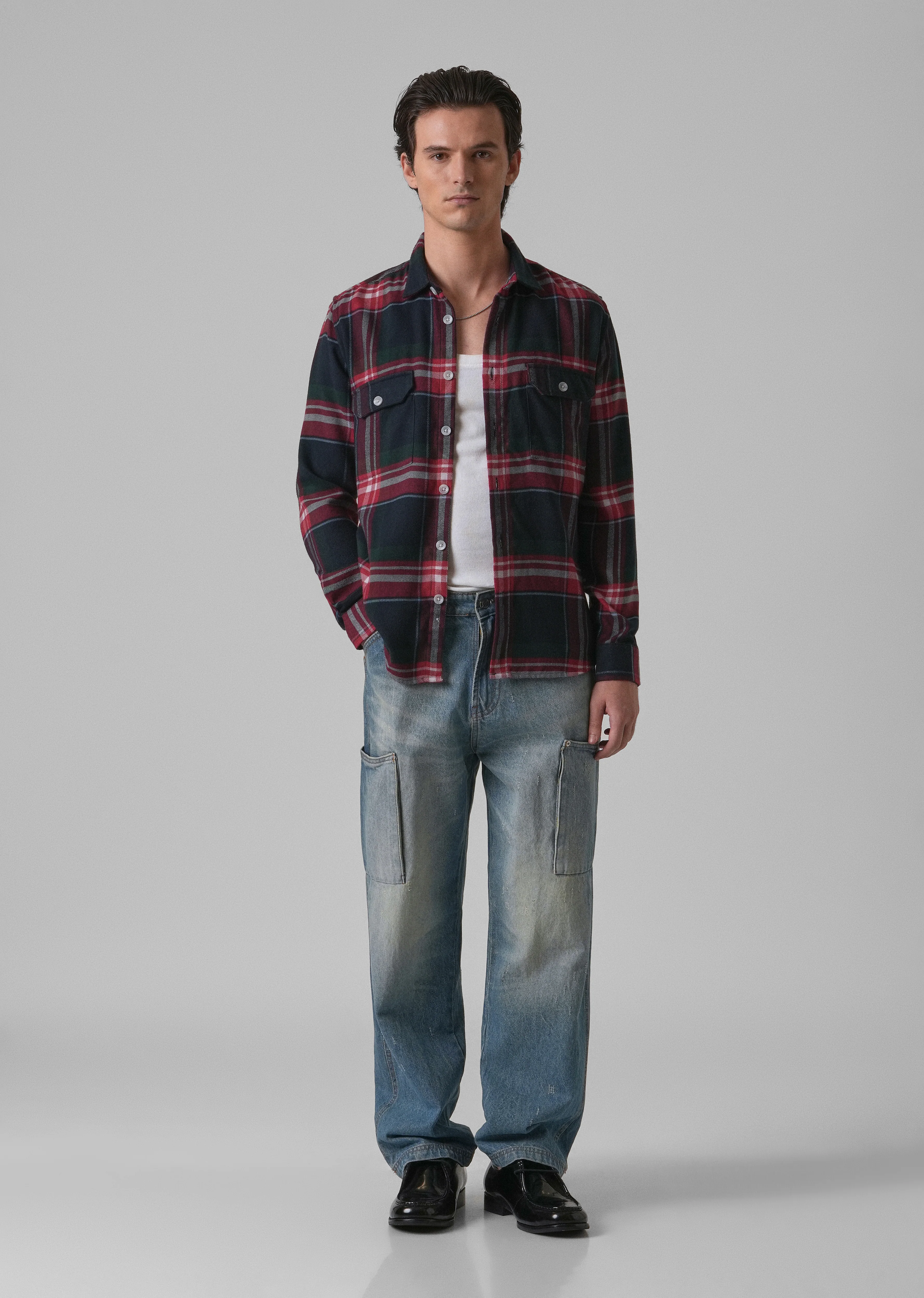 Navy Blue Brushed Cotton Check Shirt - Image 6