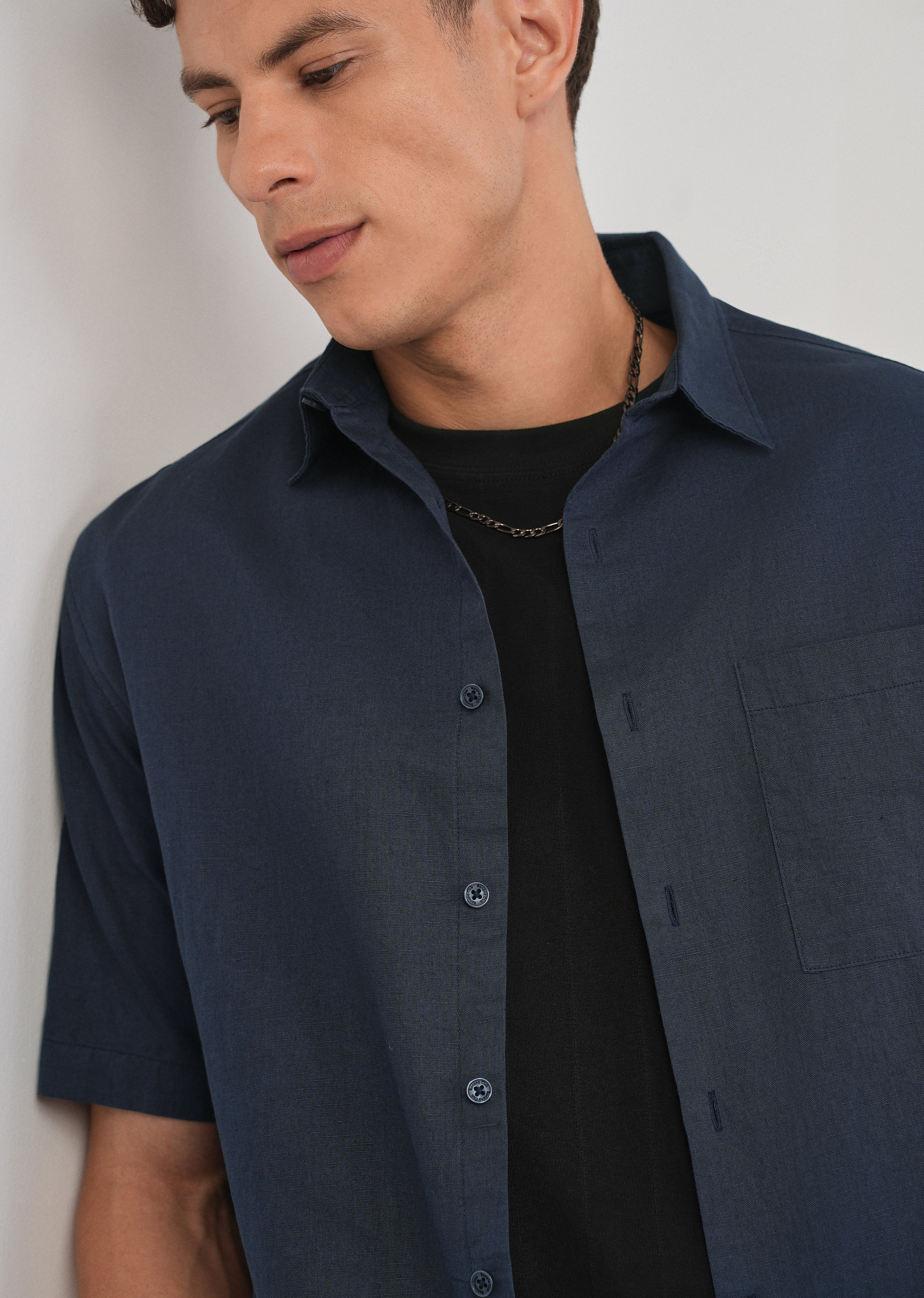 Navy Blue Cotton Linen Half Sleeve Shirt - Image 5