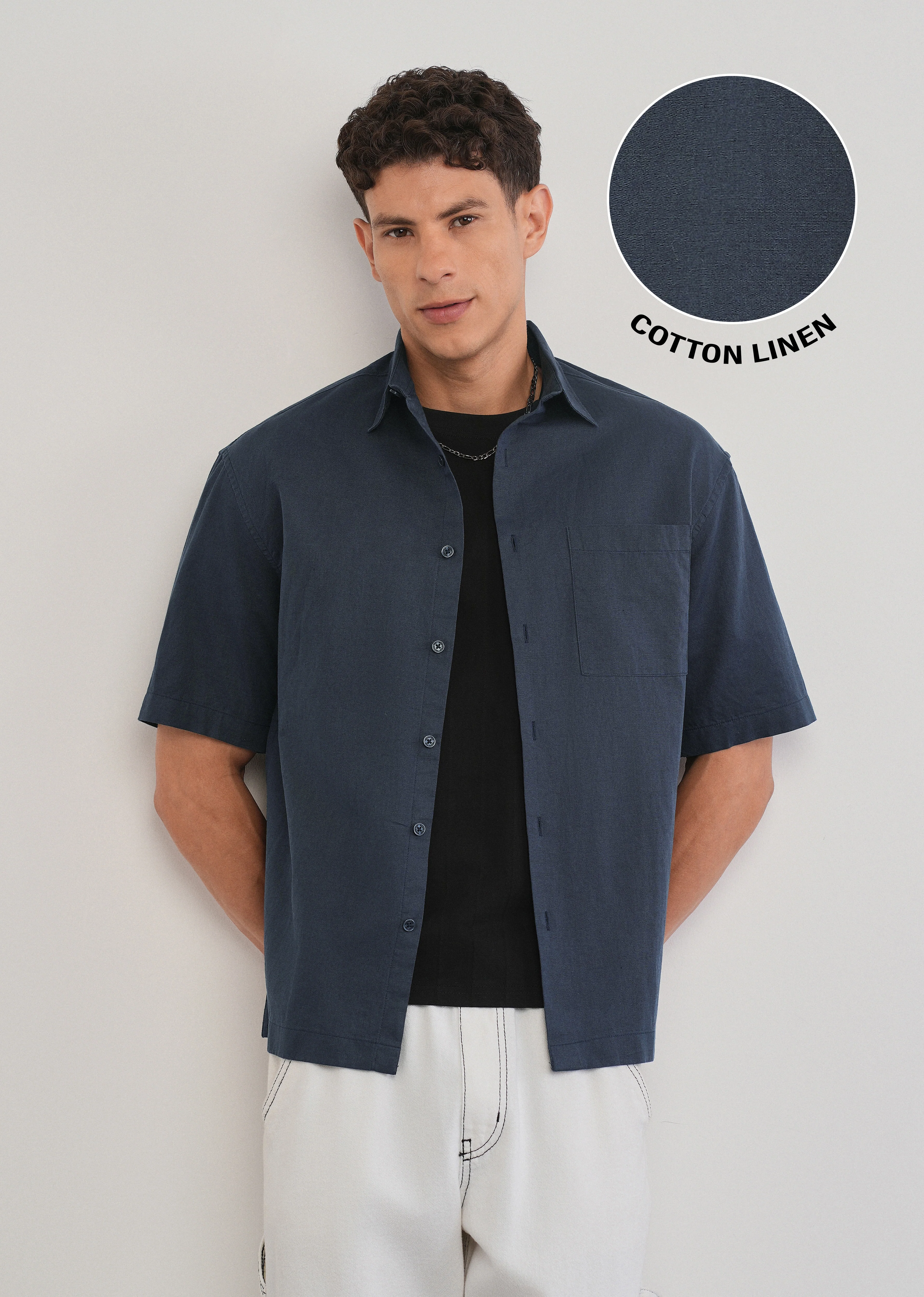 Navy Blue Cotton Linen Half Sleeve Shirt - Image 7