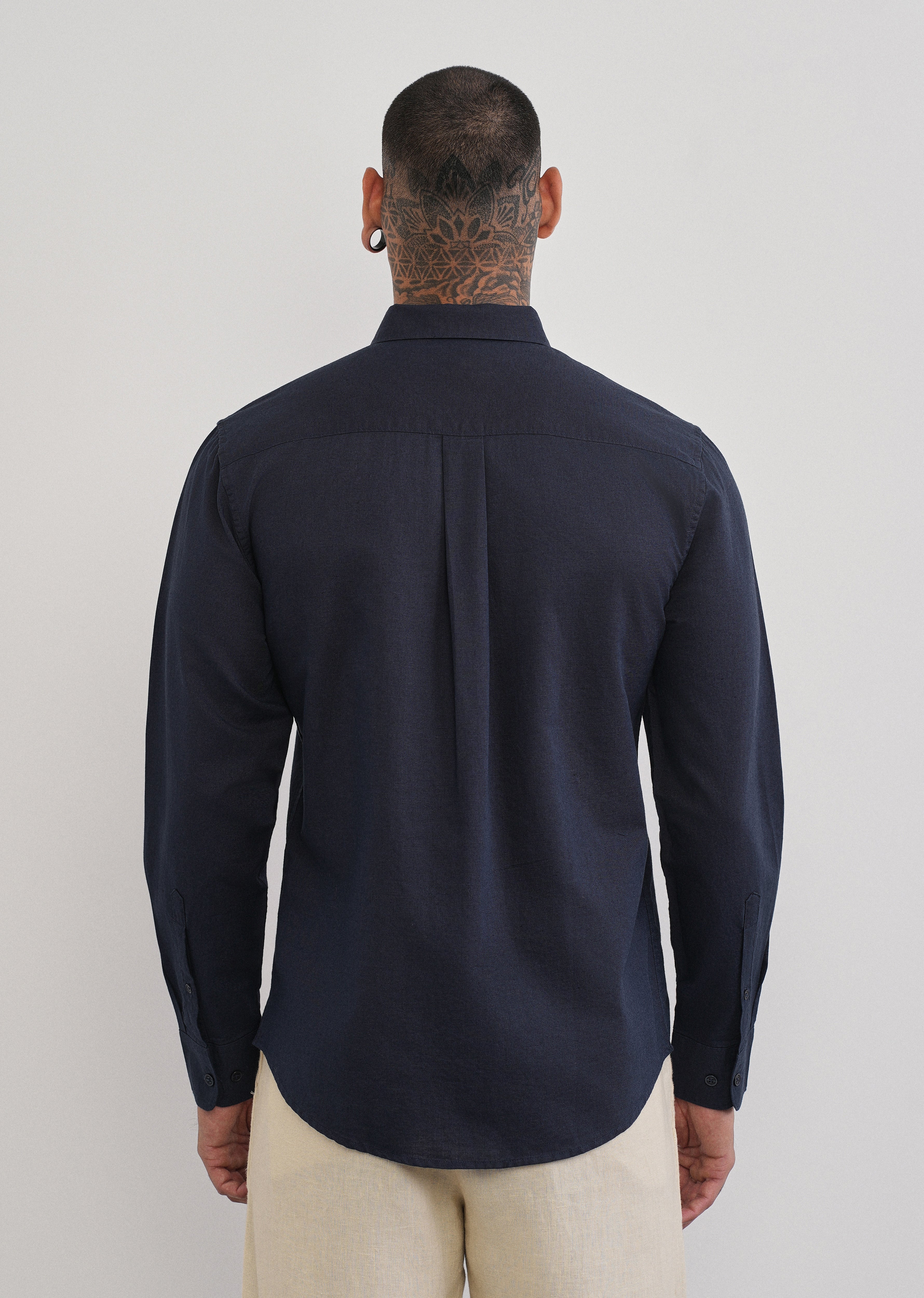 Navy Blue Cotton Linen Plain Shirt - Image 2