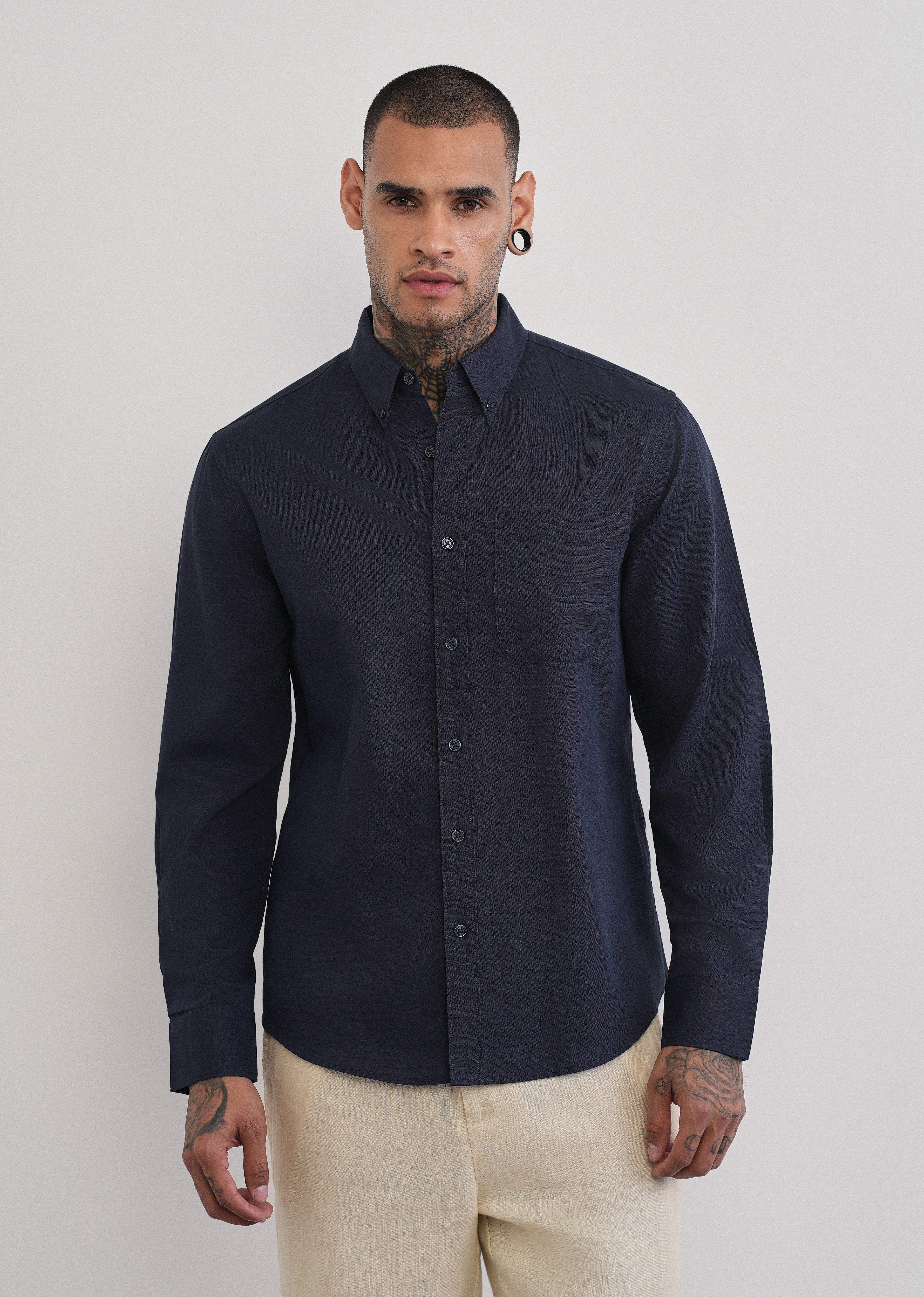 Navy Blue Cotton Linen Plain Shirt - Image 3