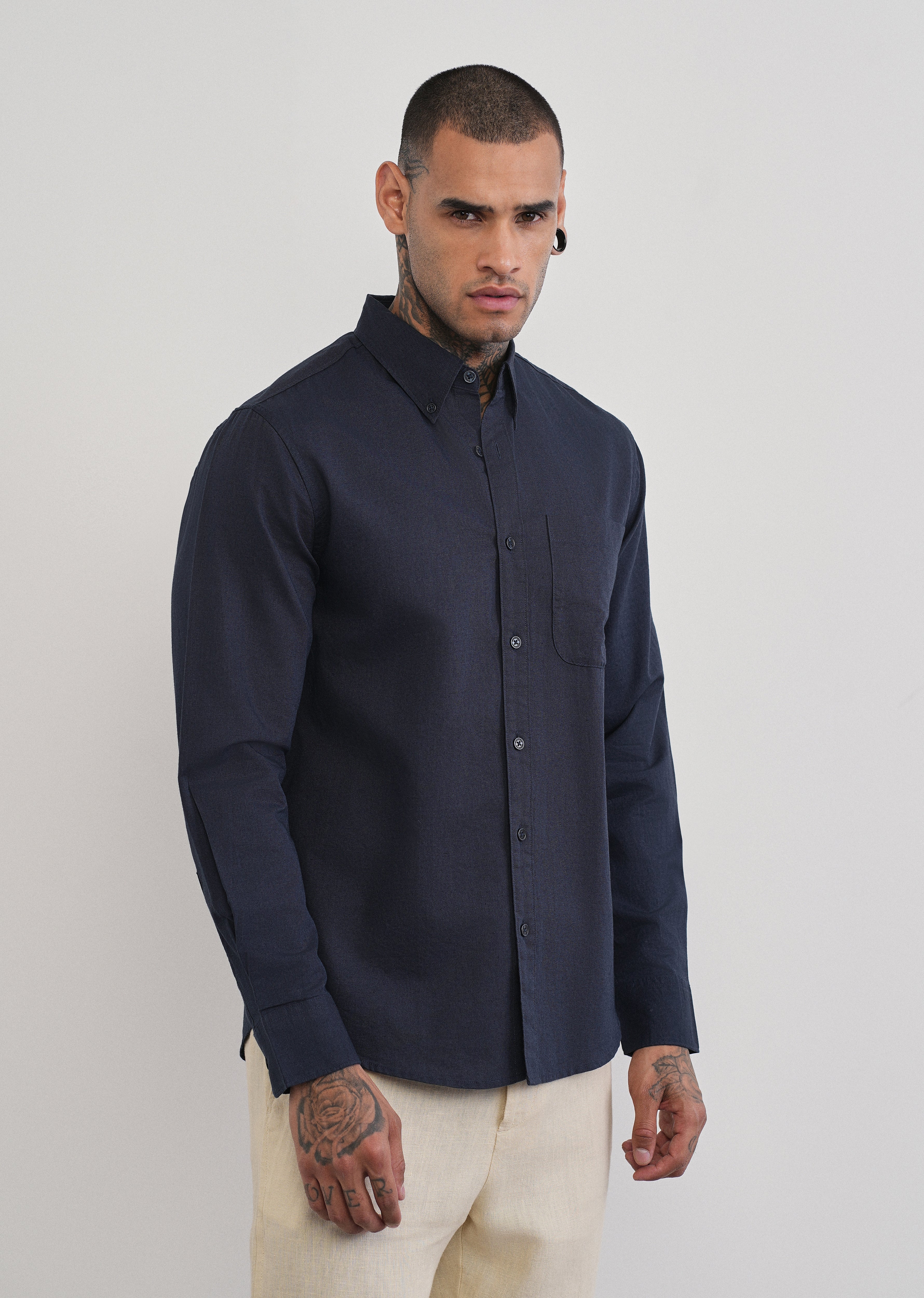 Navy Blue Cotton Linen Plain Shirt - Image 4