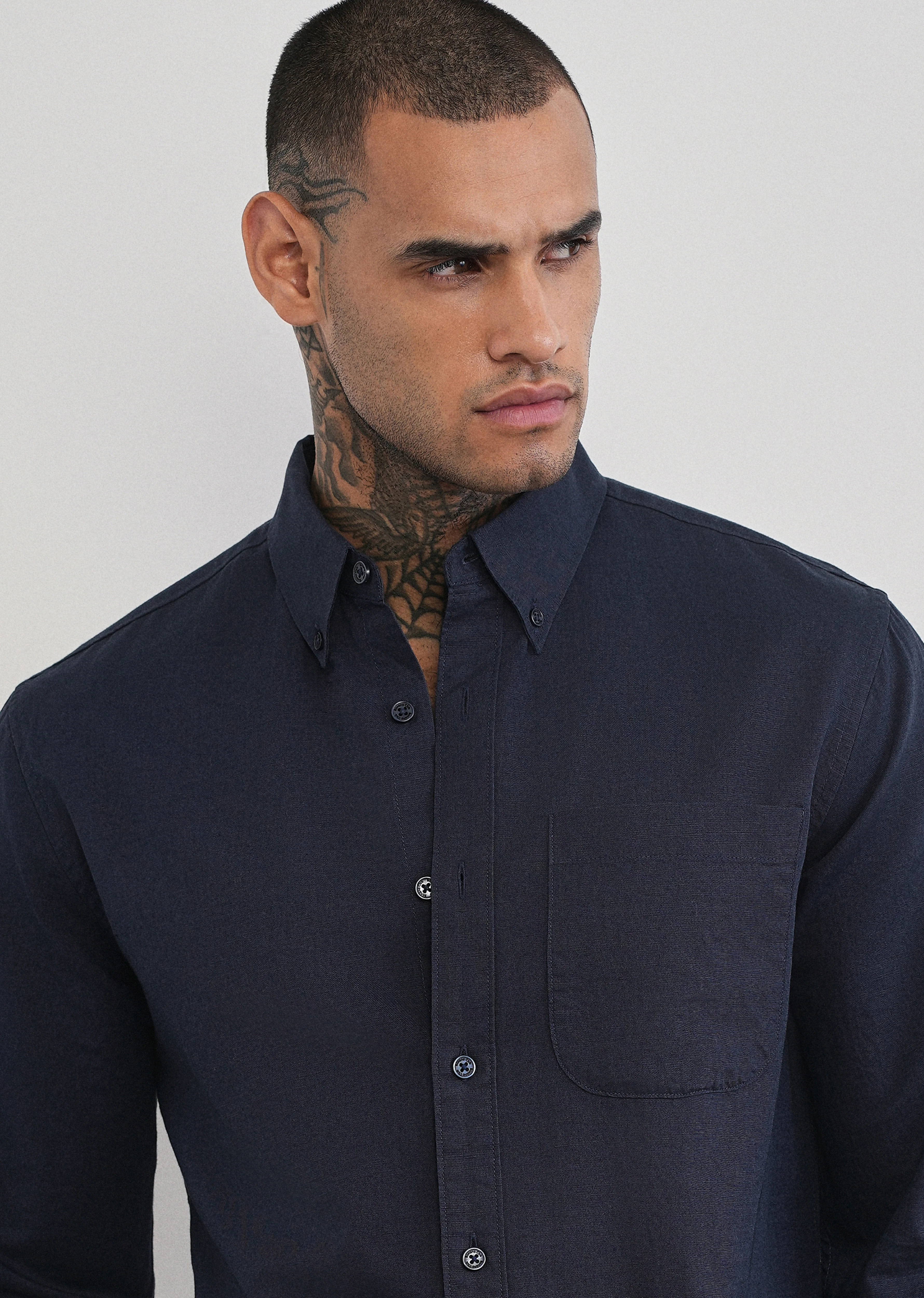 Navy Blue Cotton Linen Plain Shirt - Image 5