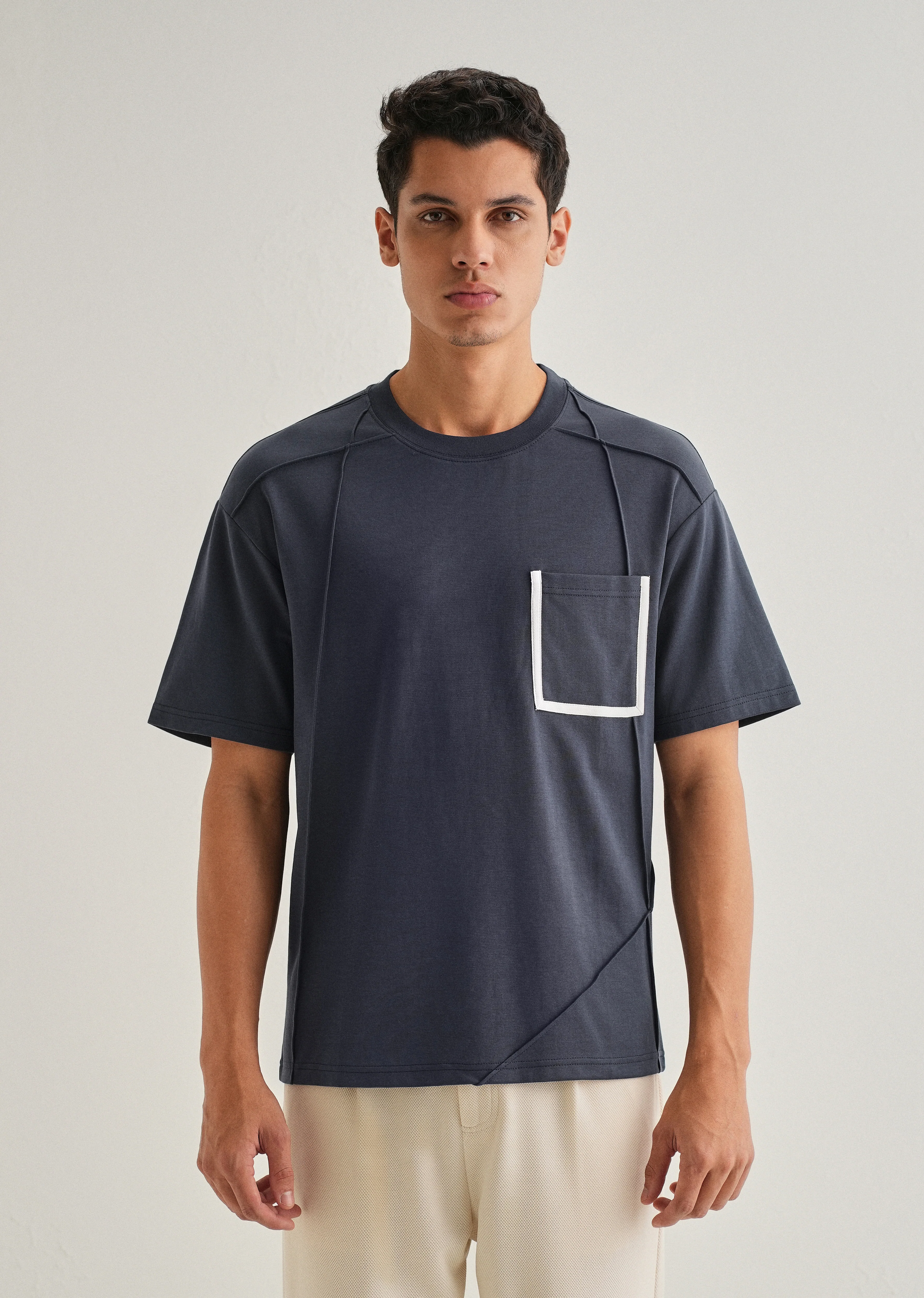 Navy Blue Cut & Sew Oversized T-shirt - Image 3
