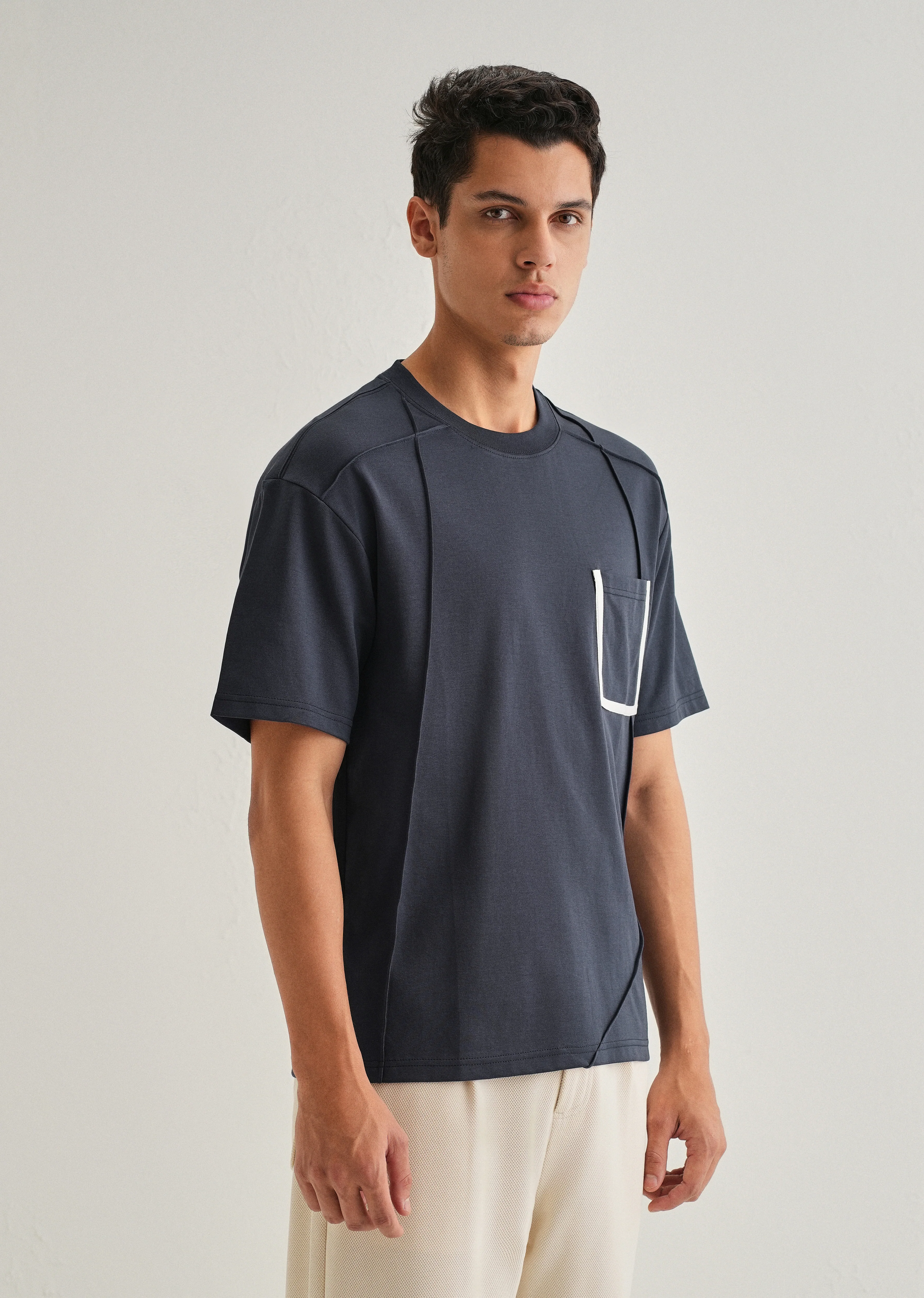 Navy Blue Cut & Sew Oversized T-shirt - Image 4